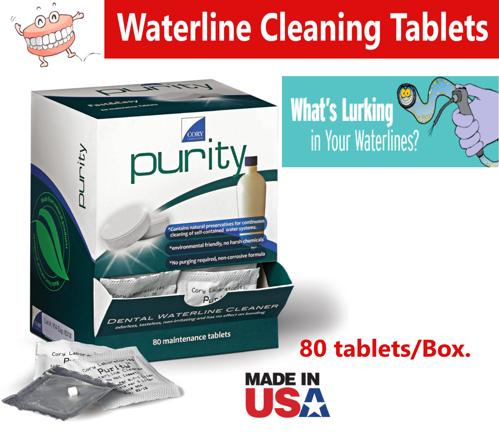 Dental Purity Waterline Cleaning Tablets 80/bx – Cory Labs, Odorless, Tasteless