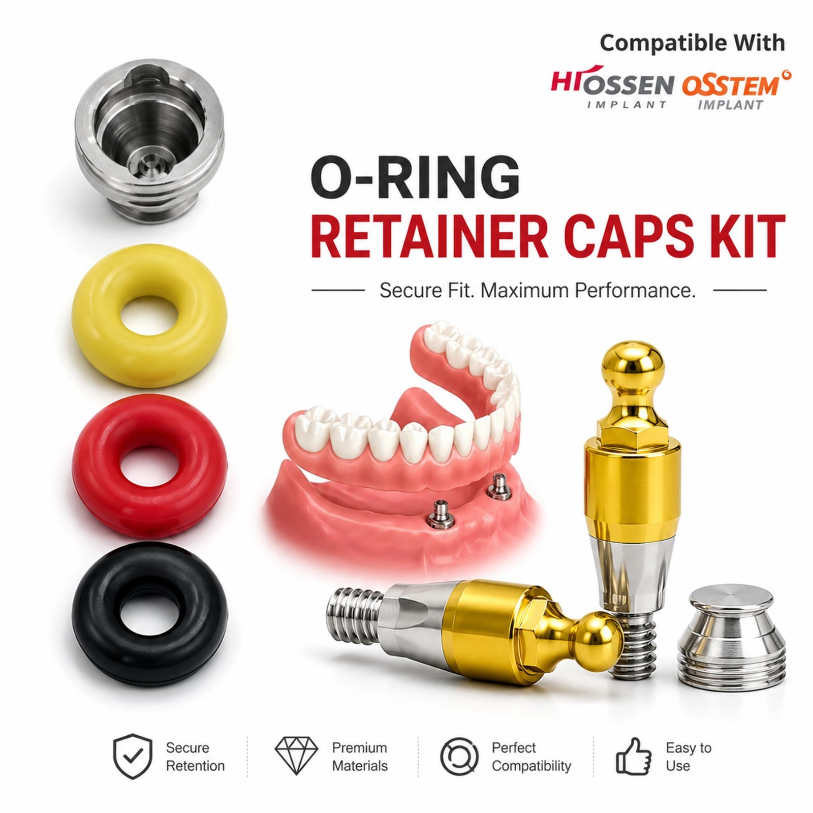 US Dental Hiossen/Osstem Fit Ball Abutment O-Ring Retention Kit Overdenture Caps