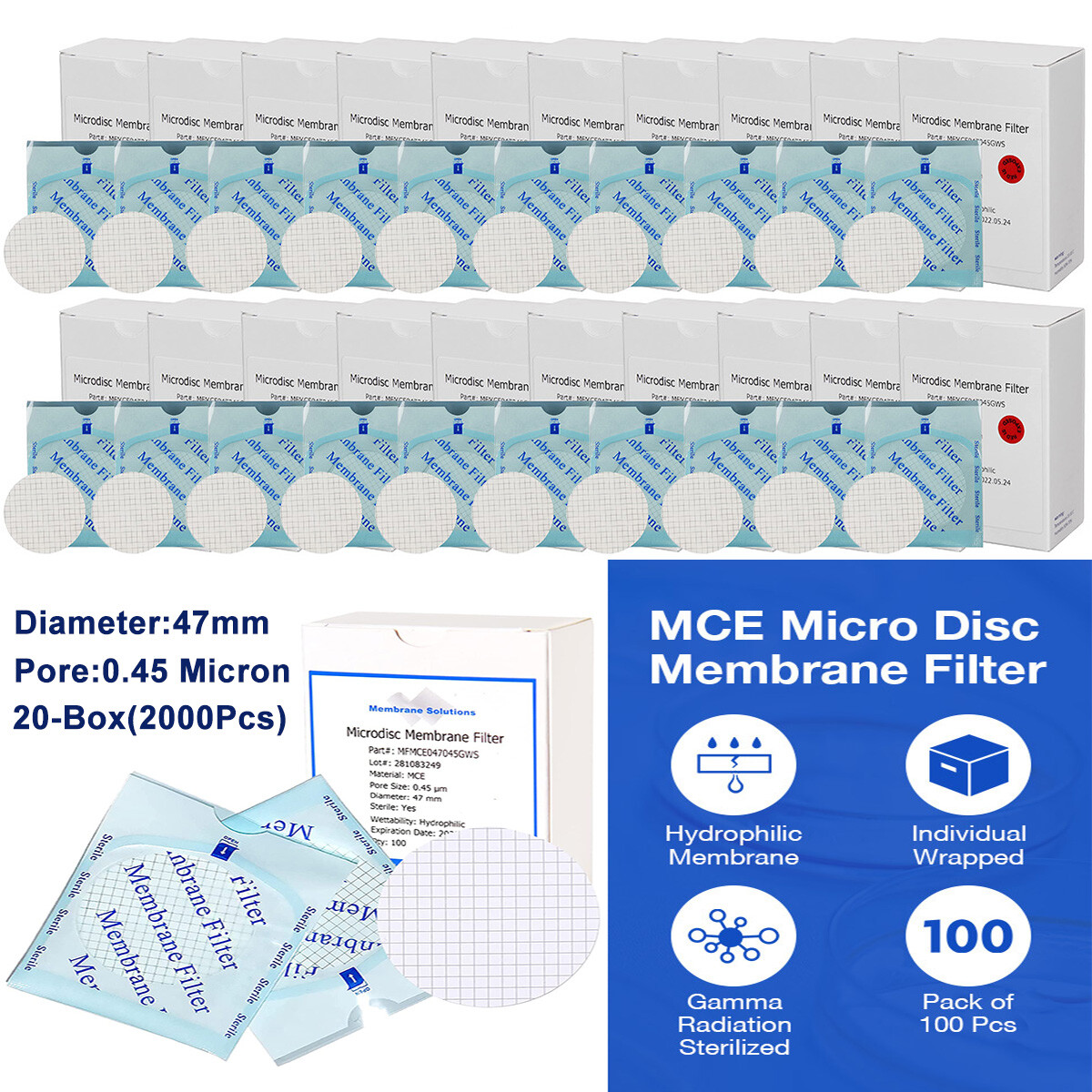 Lab MCE Membrane Filter Discs,Mixed Cellulose Esters 0.45um,47mm Sterile,Gridded