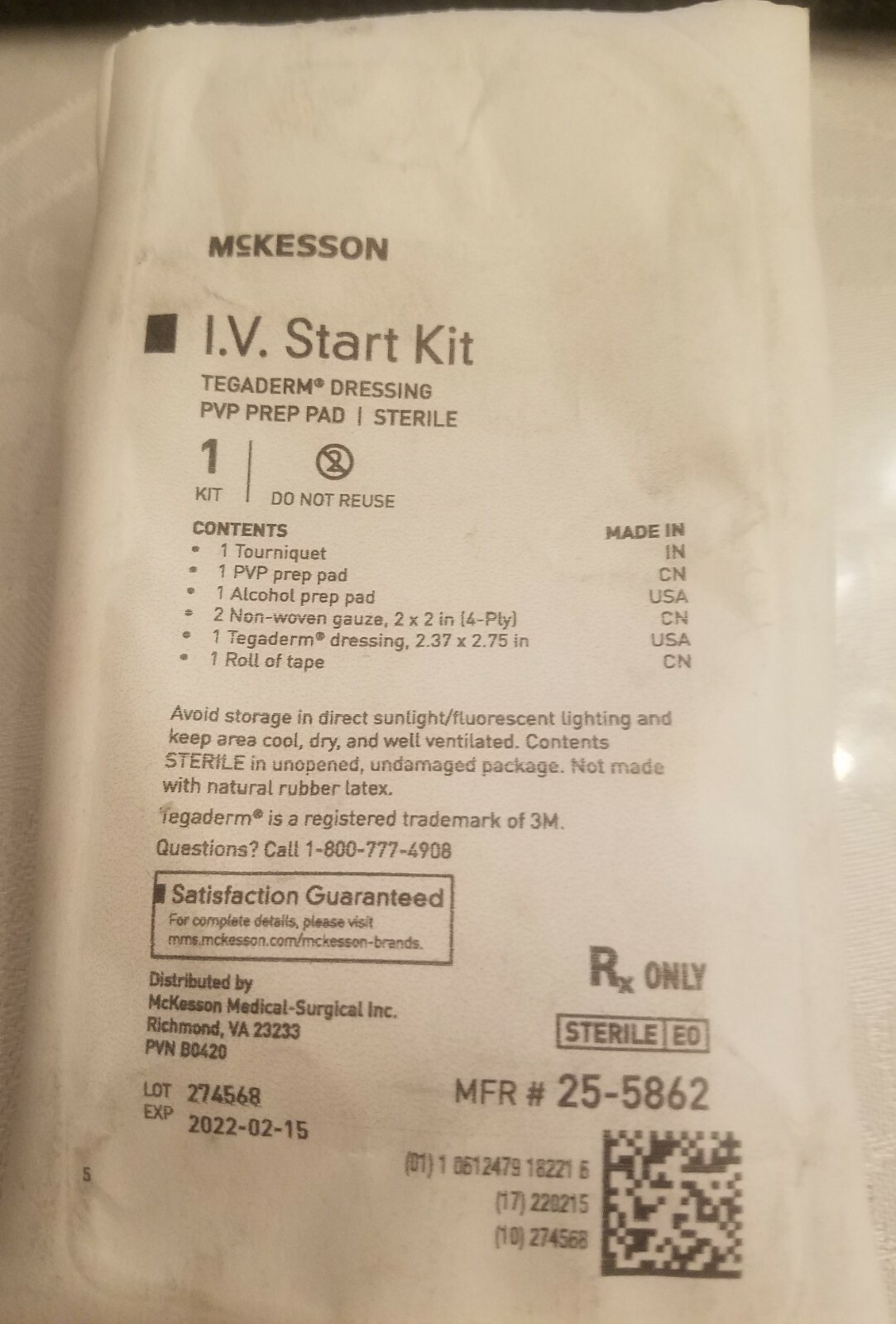 LOT/10 pcs McKesson I.V. Start Kit with Tegaderm Dressing PVP Prep Pad Exp; 2020