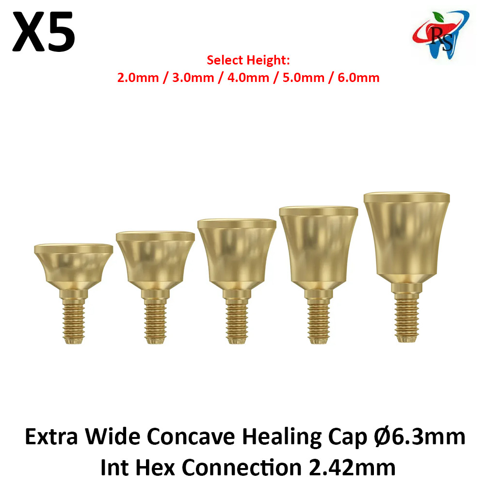 5x Dental Prosthetic Extra Wide Concave Healing Cap Ø6.3 Int Hex 2.42mm Titanium