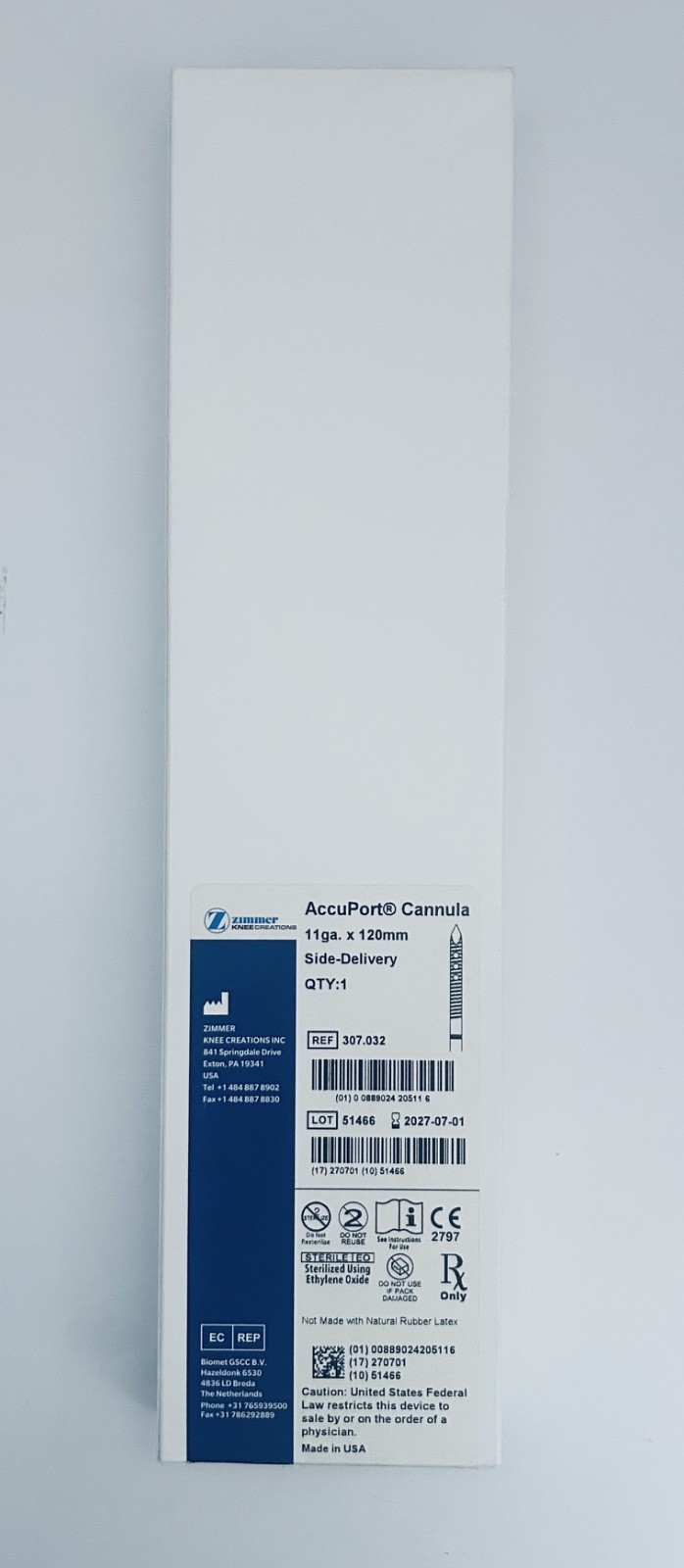 Zimmer AccuPort Cannula 307.032 11 Gauge x 120mm Sterile Exp 2027/07 NEW