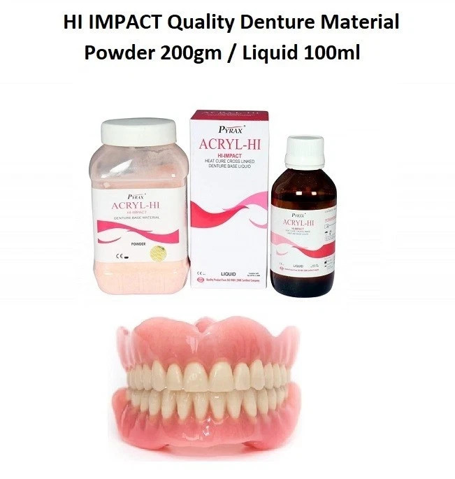 Dental ACRYL HI IMPACT Heat Cure Denture Material Powder 200gm Liquid 100ml FS
