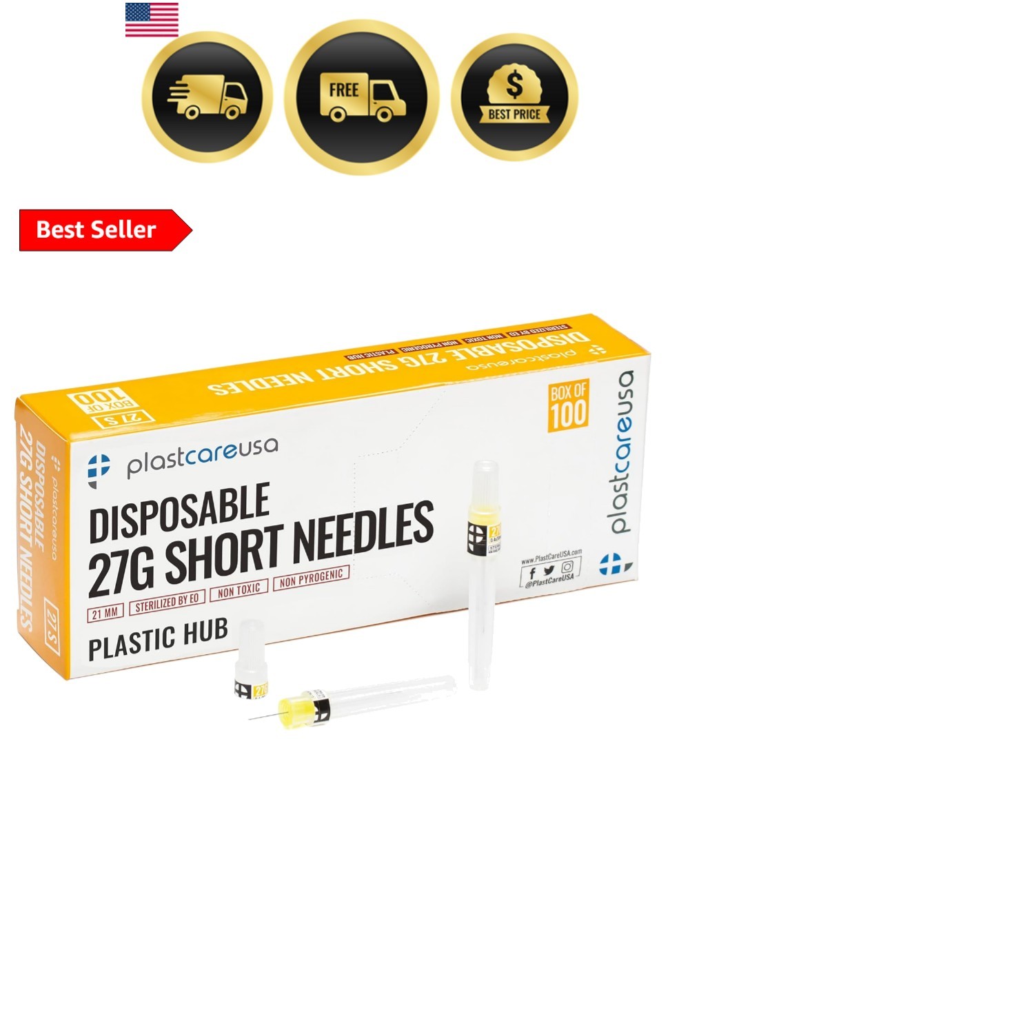 100 Disposable Dental Needles in Perforated Box 27G Short, Length 21mm