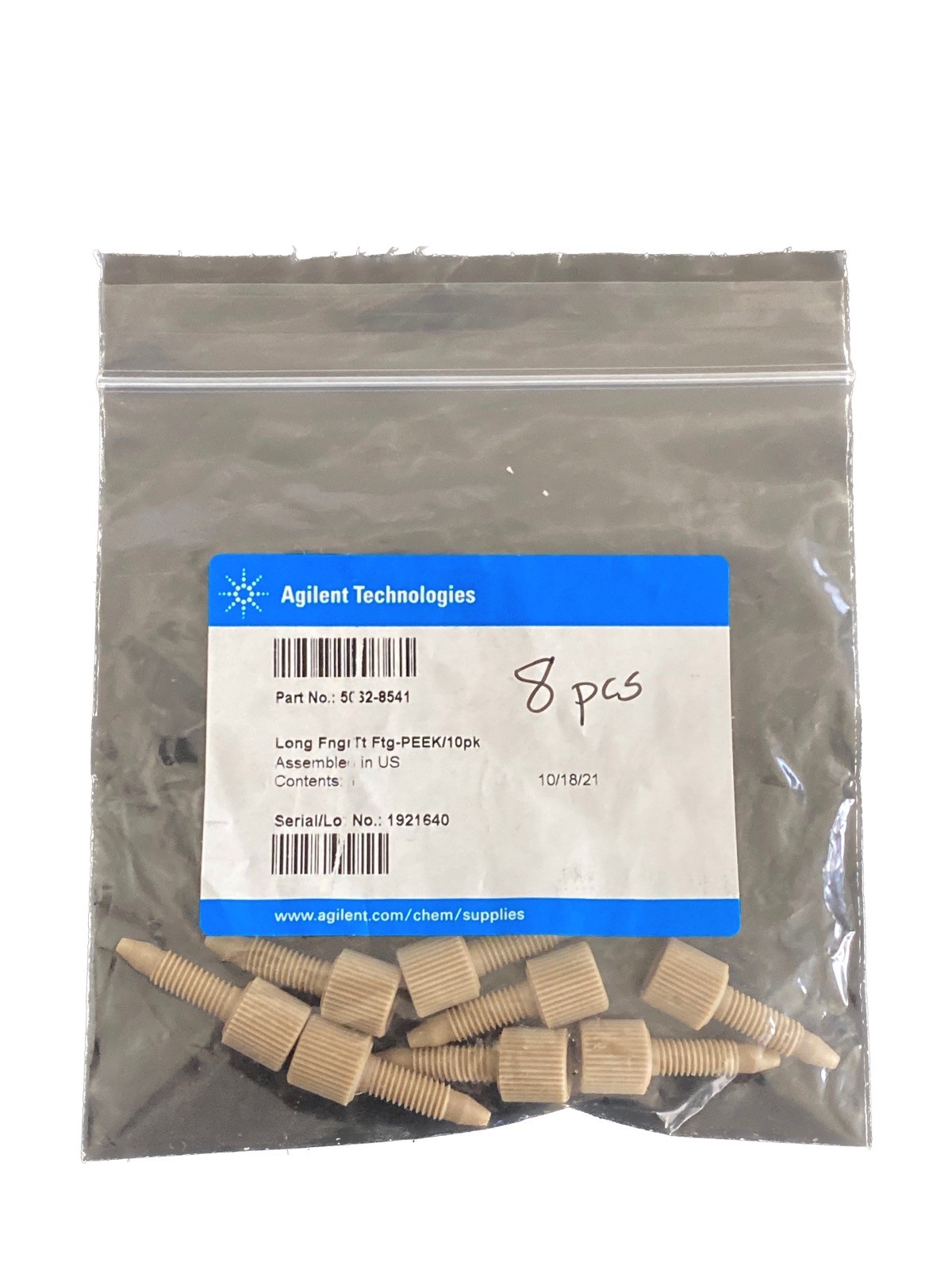 (8/Pk) AGILENT HPLC Long Finger-Tight PEEK Fittings 1.6mm ID 5062-8541