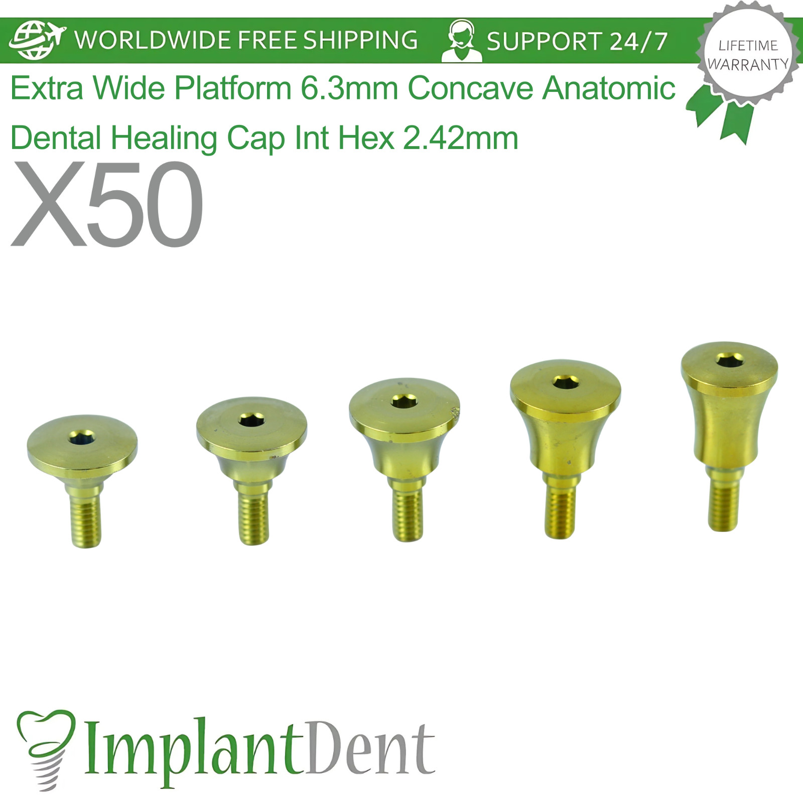 50x Extra Wide Platform 6.3mm Concave Anatomic Dental Healing Cap Int Hex 2.42mm