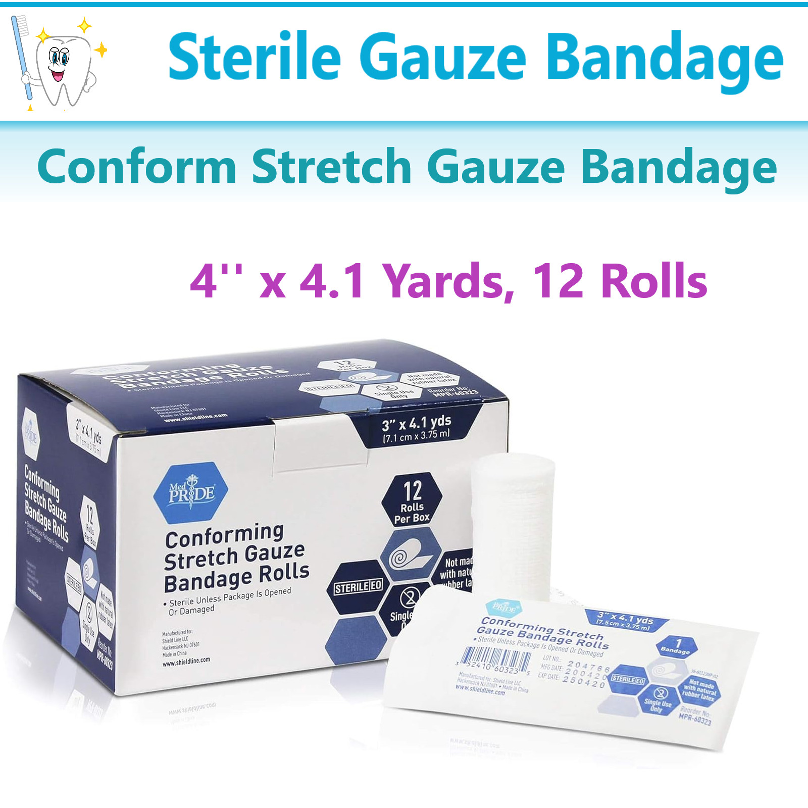 Sterile Conforming Stretch Gauze Bandages 4” x 4.1 Yards, 12 Rolls, Latex Free