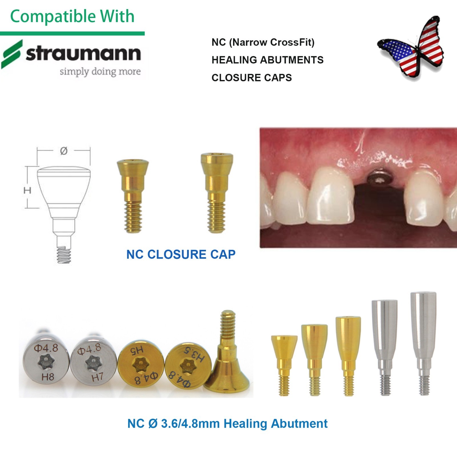 US NC Healing Abutment & Closure Cap Fits Straumann CrossFit BLT Ø3.3 5pcs/set