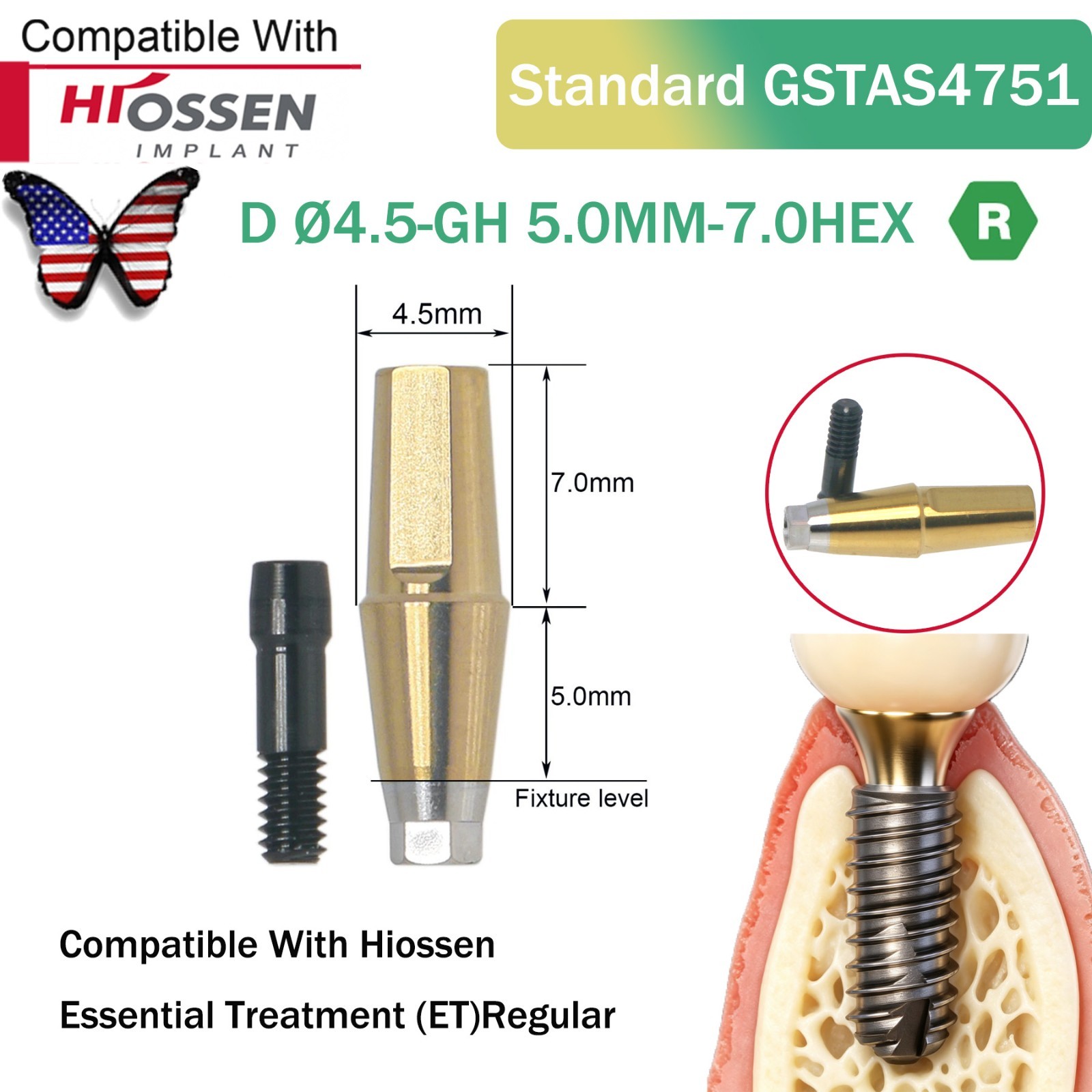 Dental Titanium Straight Abutment Fit Osstem Hiossen ET Regular Cement Retained