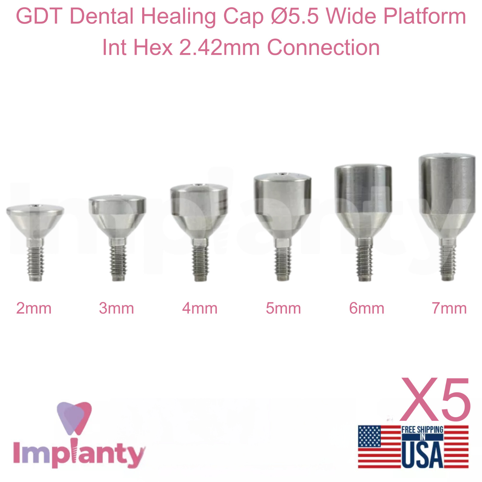 5x GDT Dental Healing Cap Ø5.5 Wide Platform Titanium Int Hex 2.42mm Connection