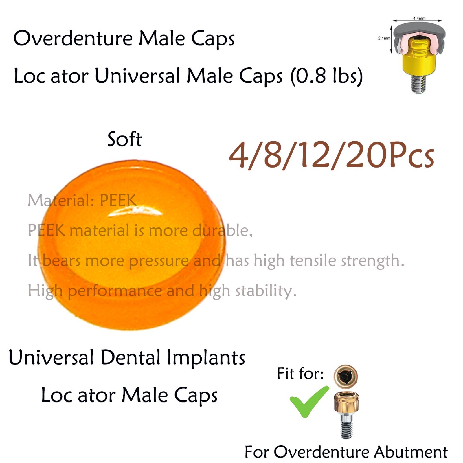 Dental Overdenture Locator Abutments Retention Caps Implant Male Cap Inserts Set