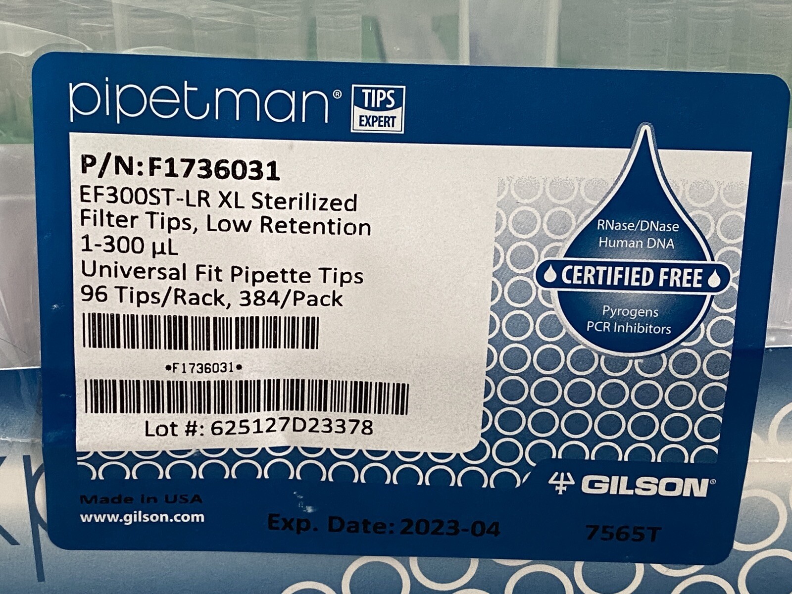 (384) GILSON Pipetman 300uL Low Retention Filter Pipet Tips EF300ST-LR XL 96/Rk