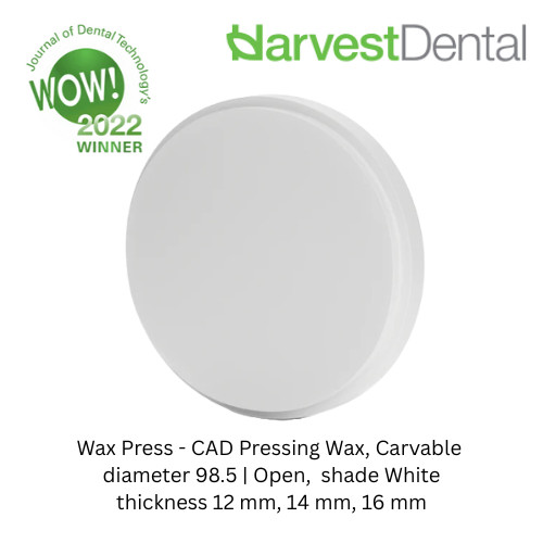 Harvest Dental White CAD Pressing Wax Carvable 98.5 x 12, 14, 16mm