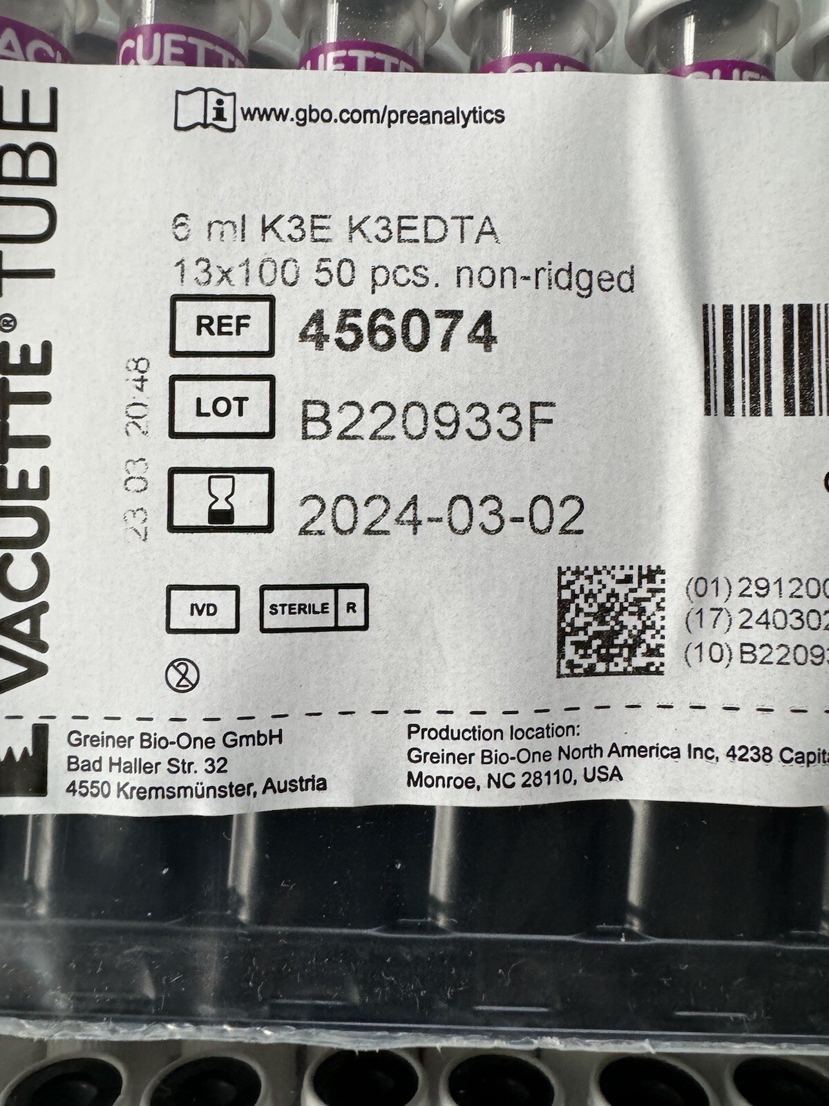 456074 Greiner Bio One 6ml K3EDTA Vacuette Tubes 13×100 Non-Ridged 50 pieces