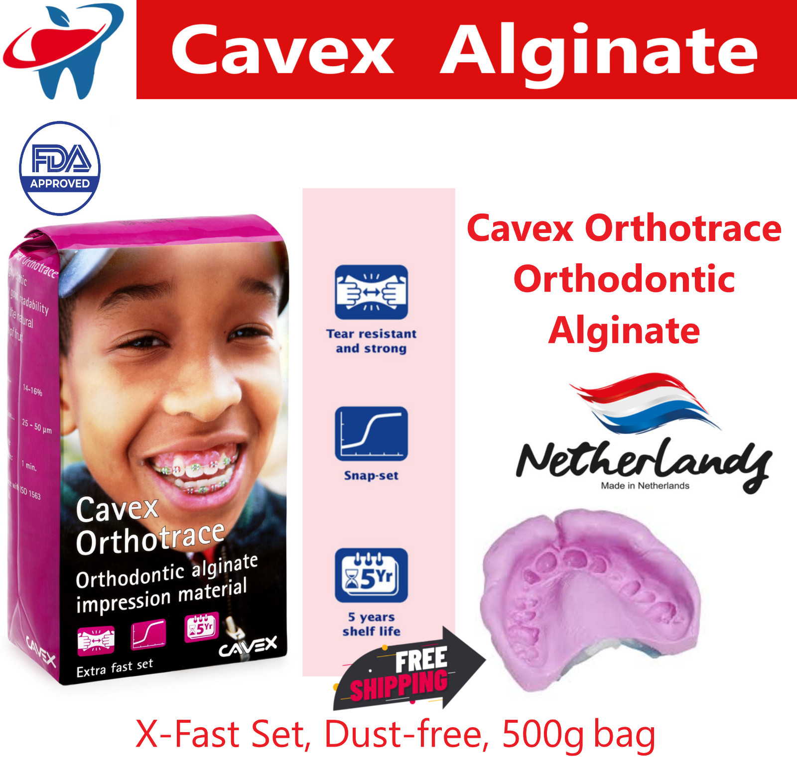 Cavex Orthotrace Dental Alginate Impression Material Fast Set 500g (1 Bag) VPS