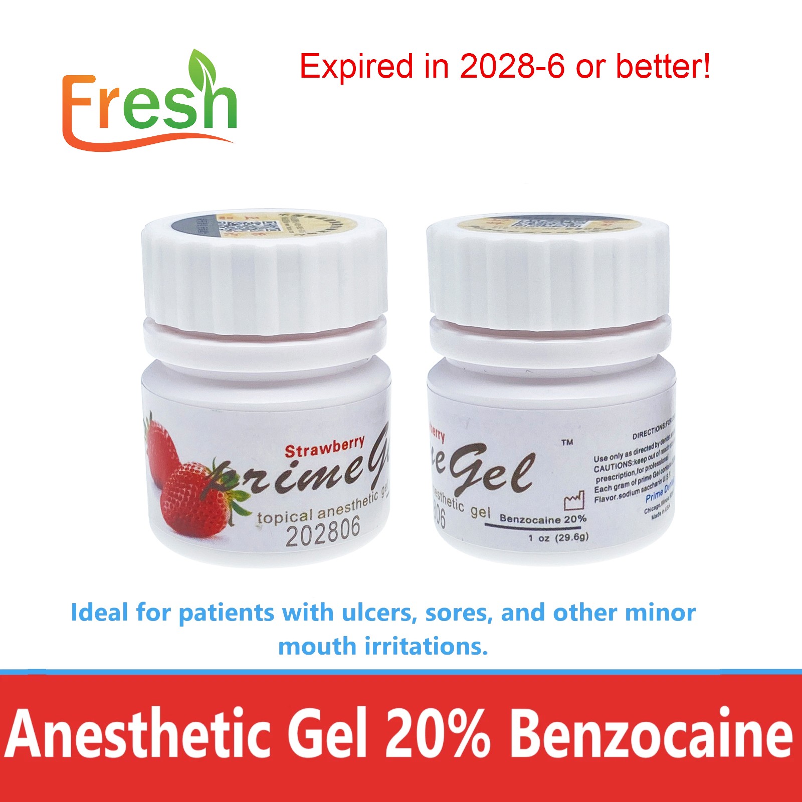 Fresh Dental Topical pain free Gel 20% Benzocaine 1oz Jar , Mint/Strawberry