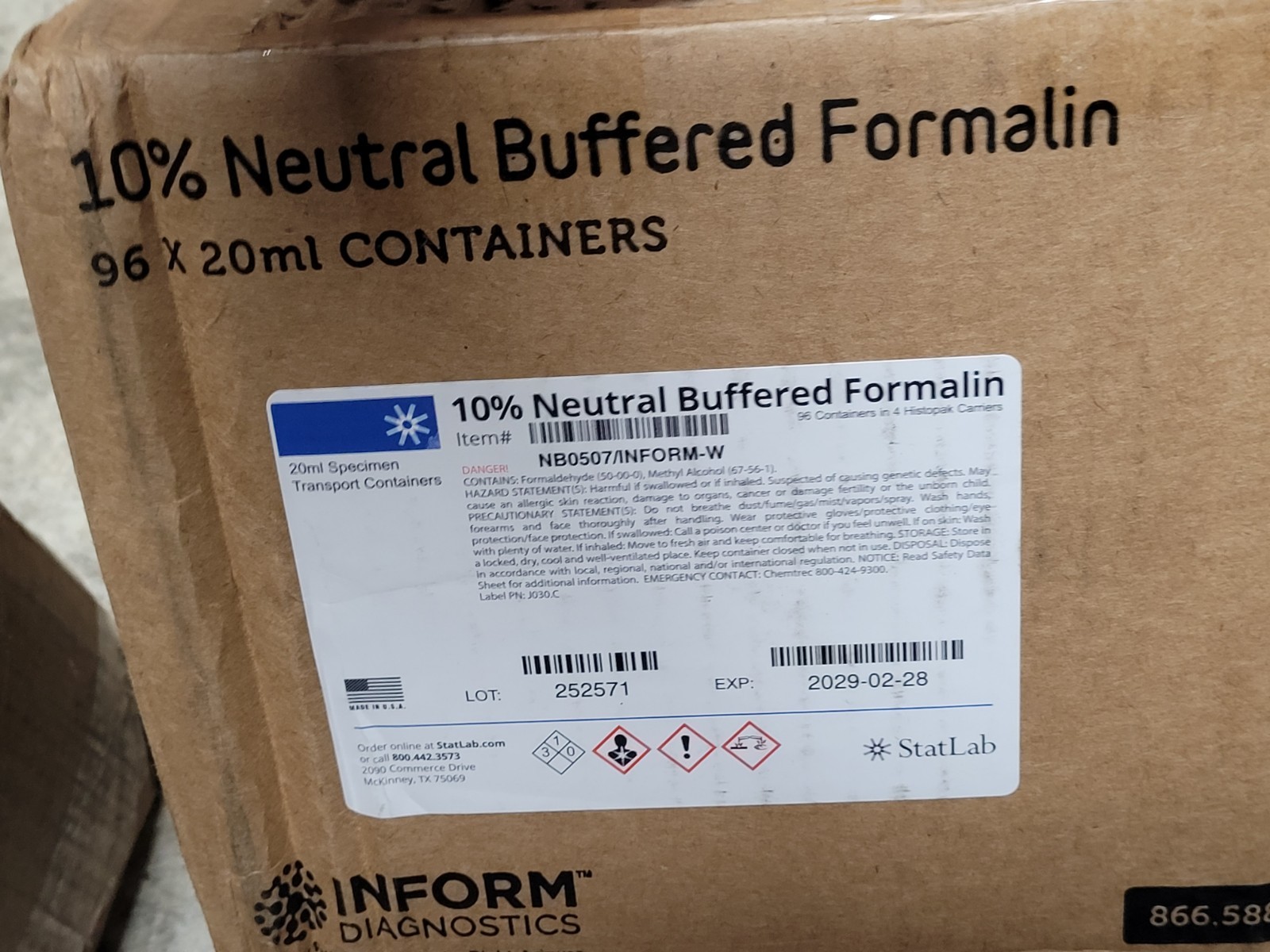 (96) STATLAB 20mL Specimen Transport Containers w/ 10% Neutral Buffered Formalin