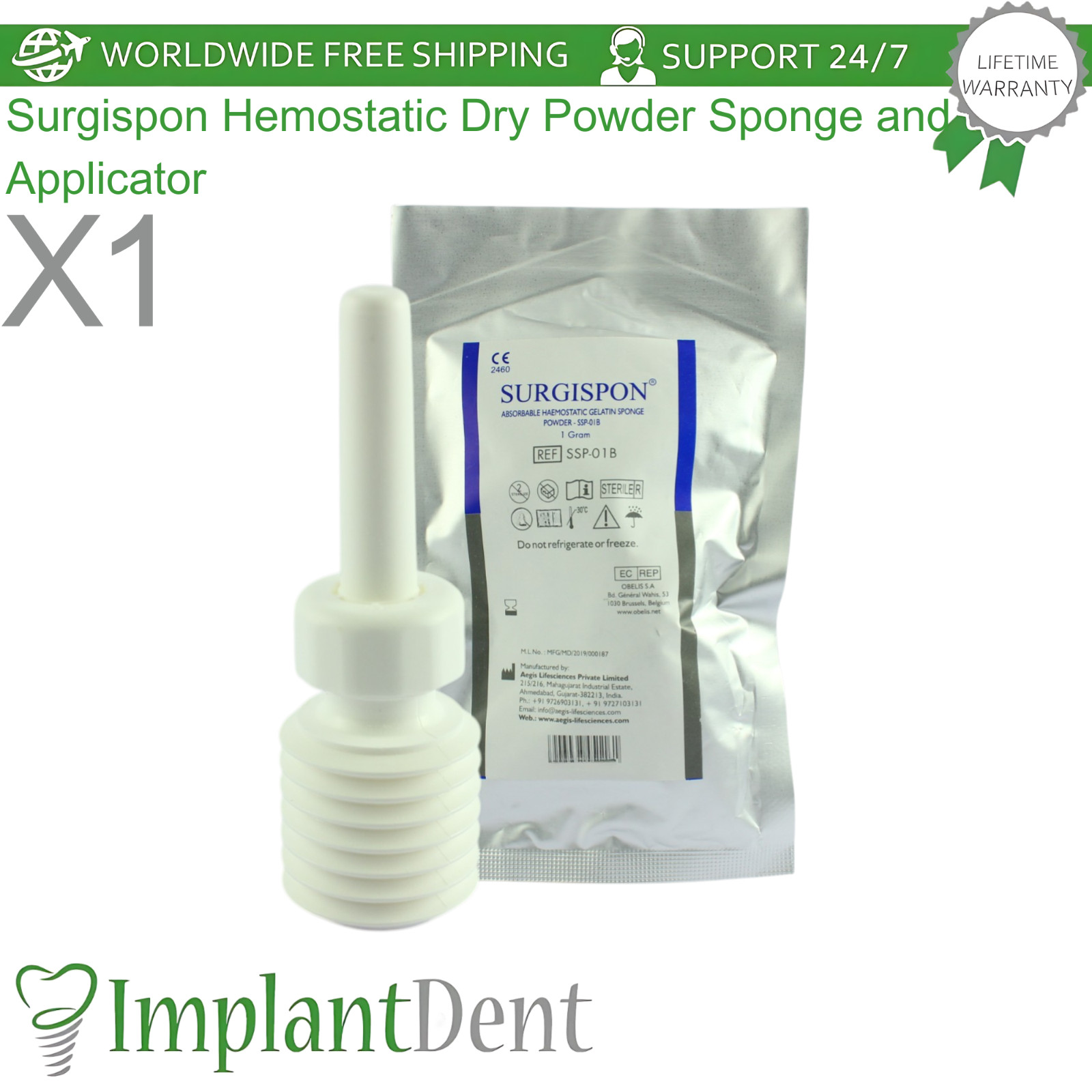 Dental Surgispon Hem0static Dry Powder Sponge and Applicator Diffuse BIeeding