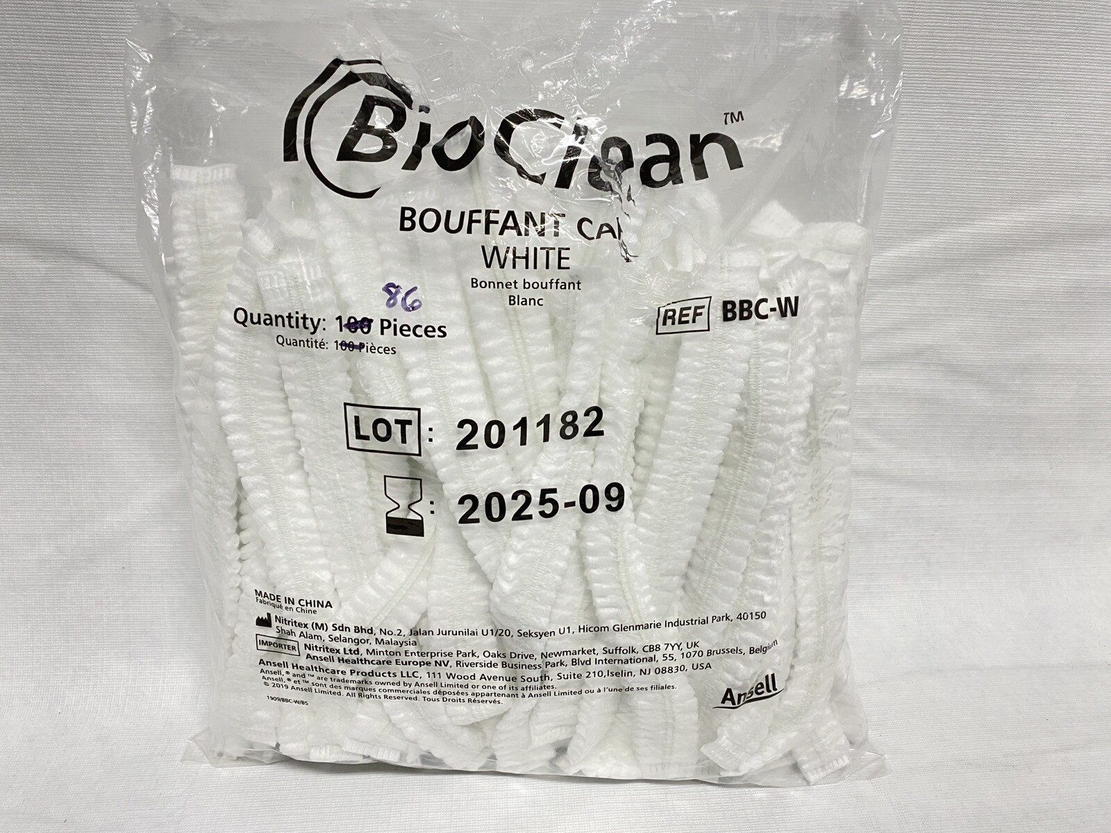 (86 Pcs) ANSELL BioClean White Polypropylene 19” Bouffant Caps Universal BBC-W