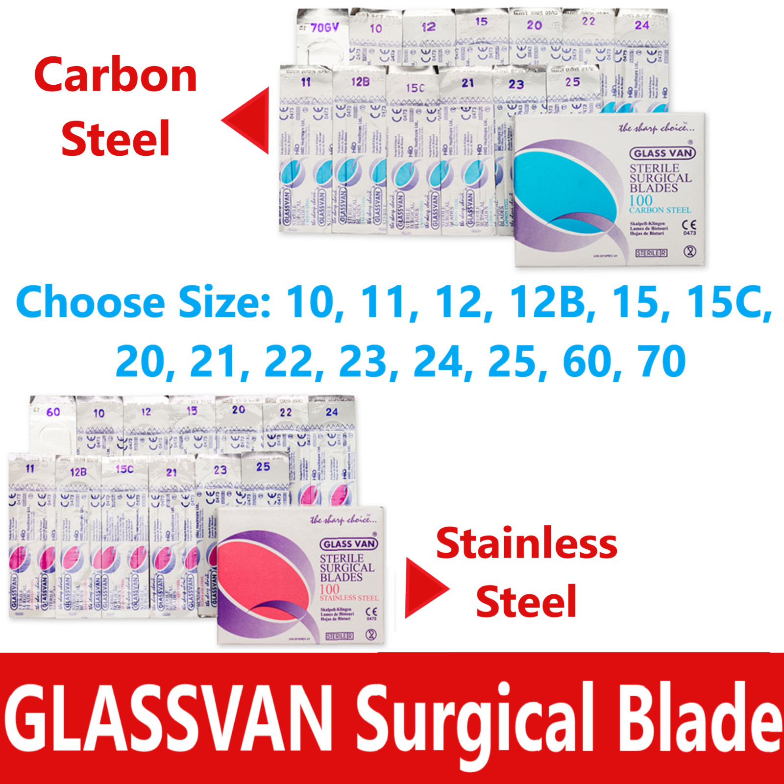 GLASSVAN Sterile Surgical Blades #10 11 12/12B 15/15C 21 22 24 25 60 70, 100/Pk