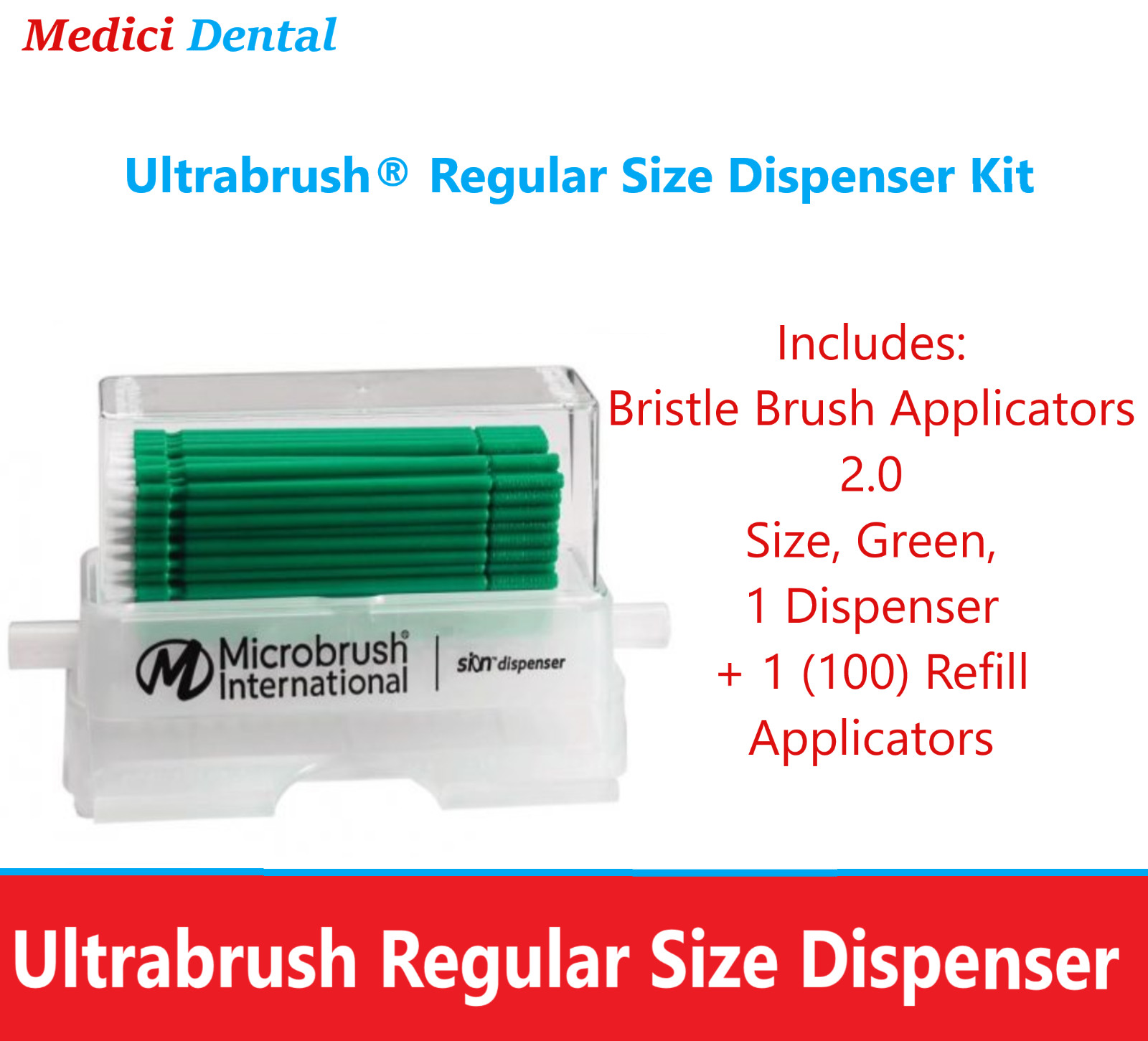 Dental Microbrush Ultrabrush Dispenser + 100 Bristle Brush Applicators 2.0 Green