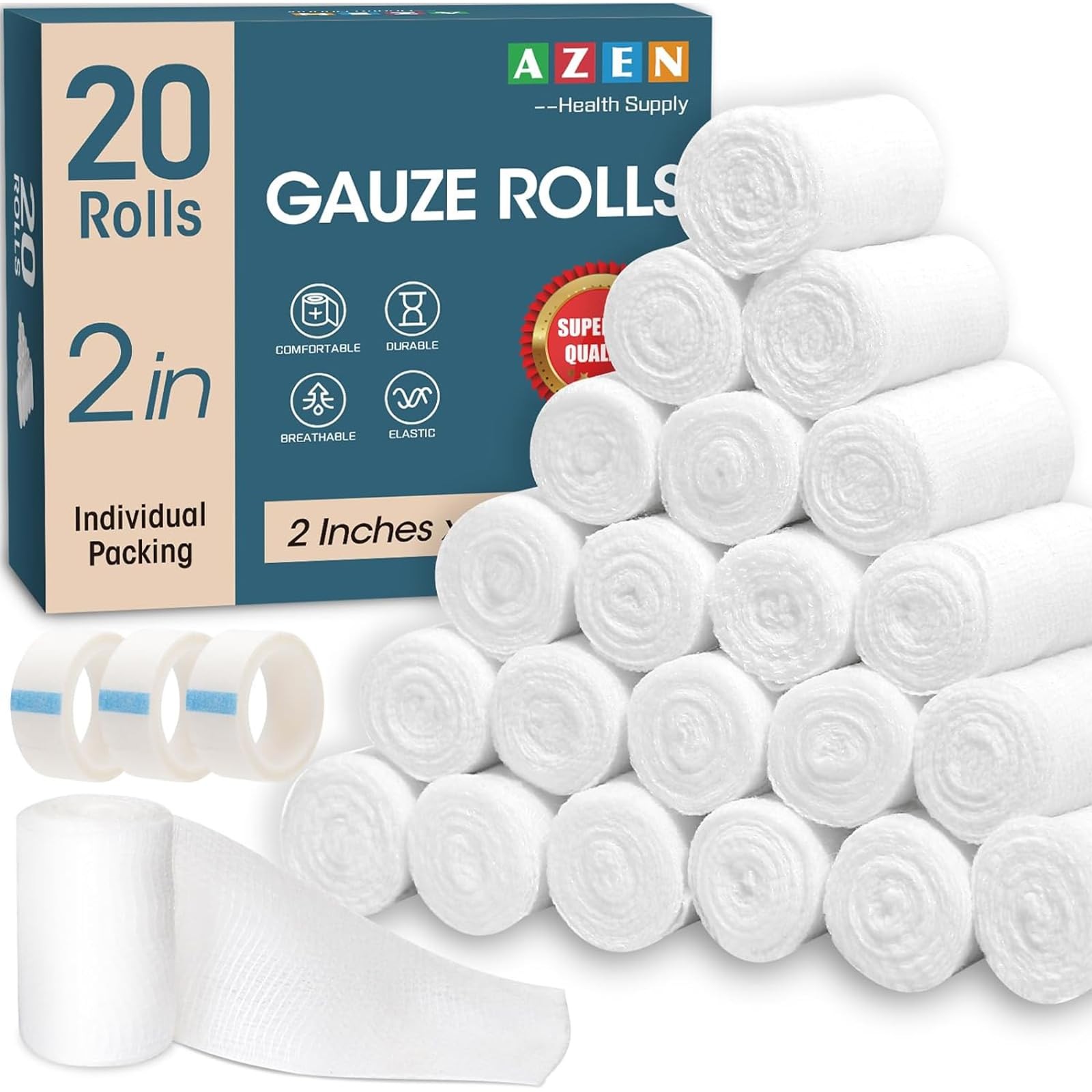 AZEN 20 Pack Gauze Rolls Bandages, 2 in x 4.1 Yards, Premium Medical 2IN, 20p