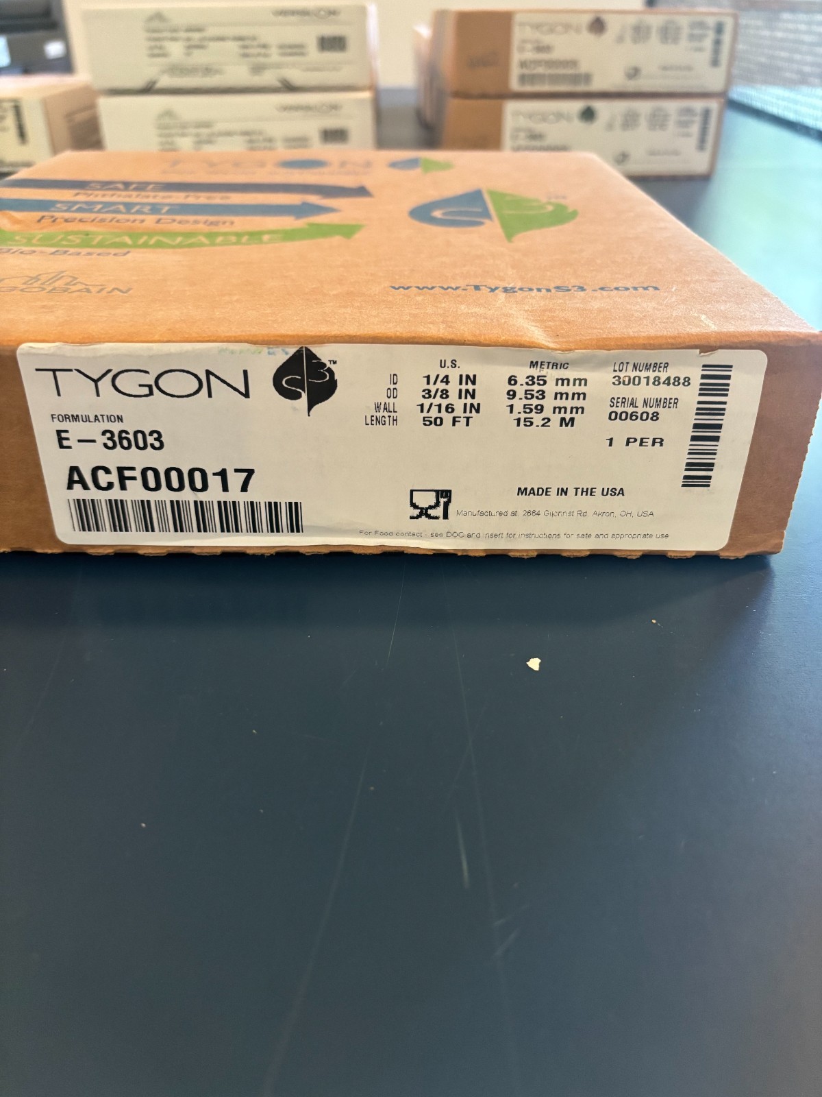 Tygon Tubing E-3606 1/4″ ID, 3/8″ OD, 1/16″ Wall Thickness # ACF00017 Pkg-50ft