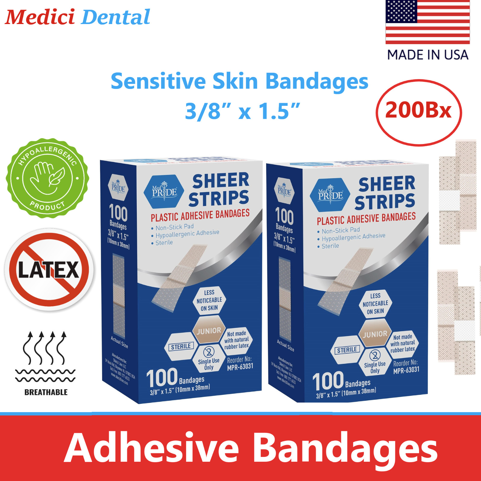 200/bx Dental Medical Adhesive Bandaid Bandage Strips, ¾” x 1.5″, SHEER Bandages