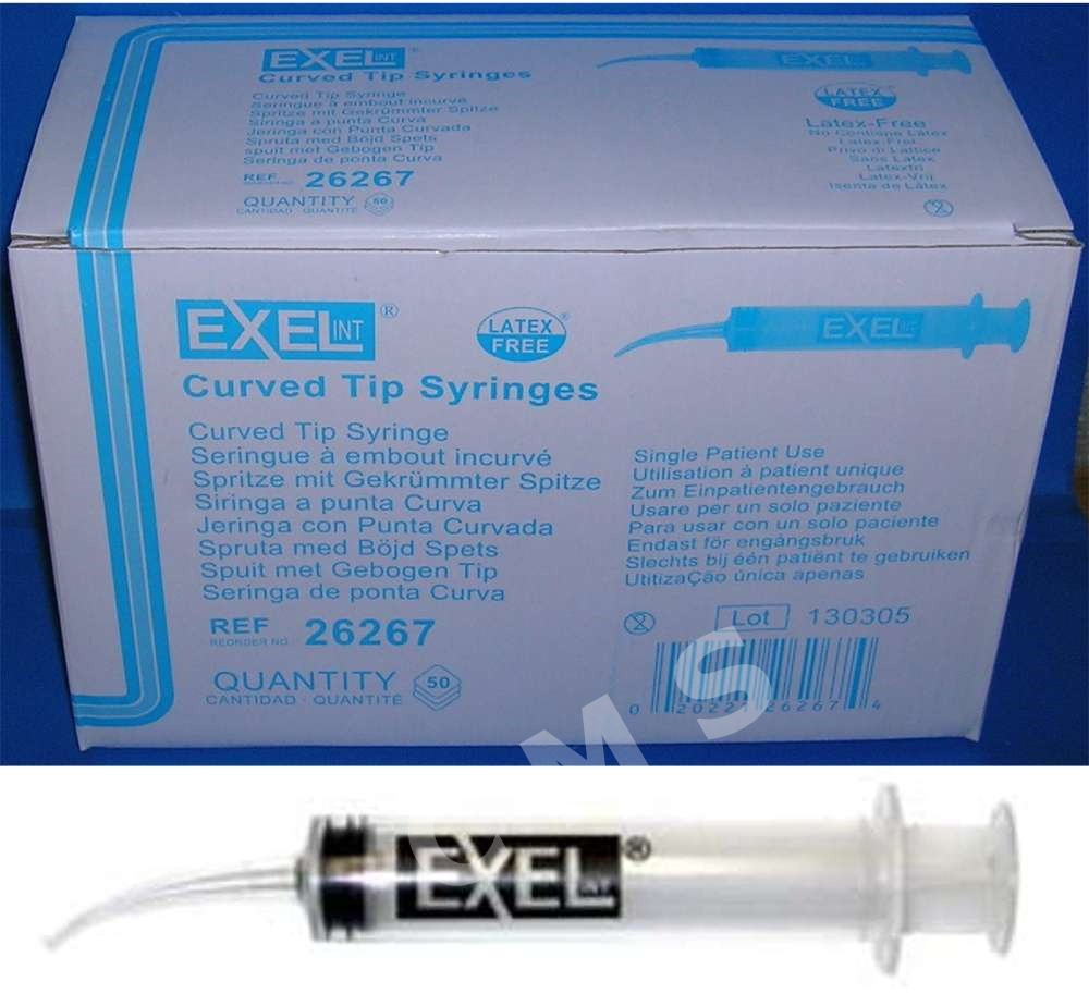 EXEL Curved Tip Utility Syringes 12cc/mL Dental Irrigation 50/BX Non-Sterile 412