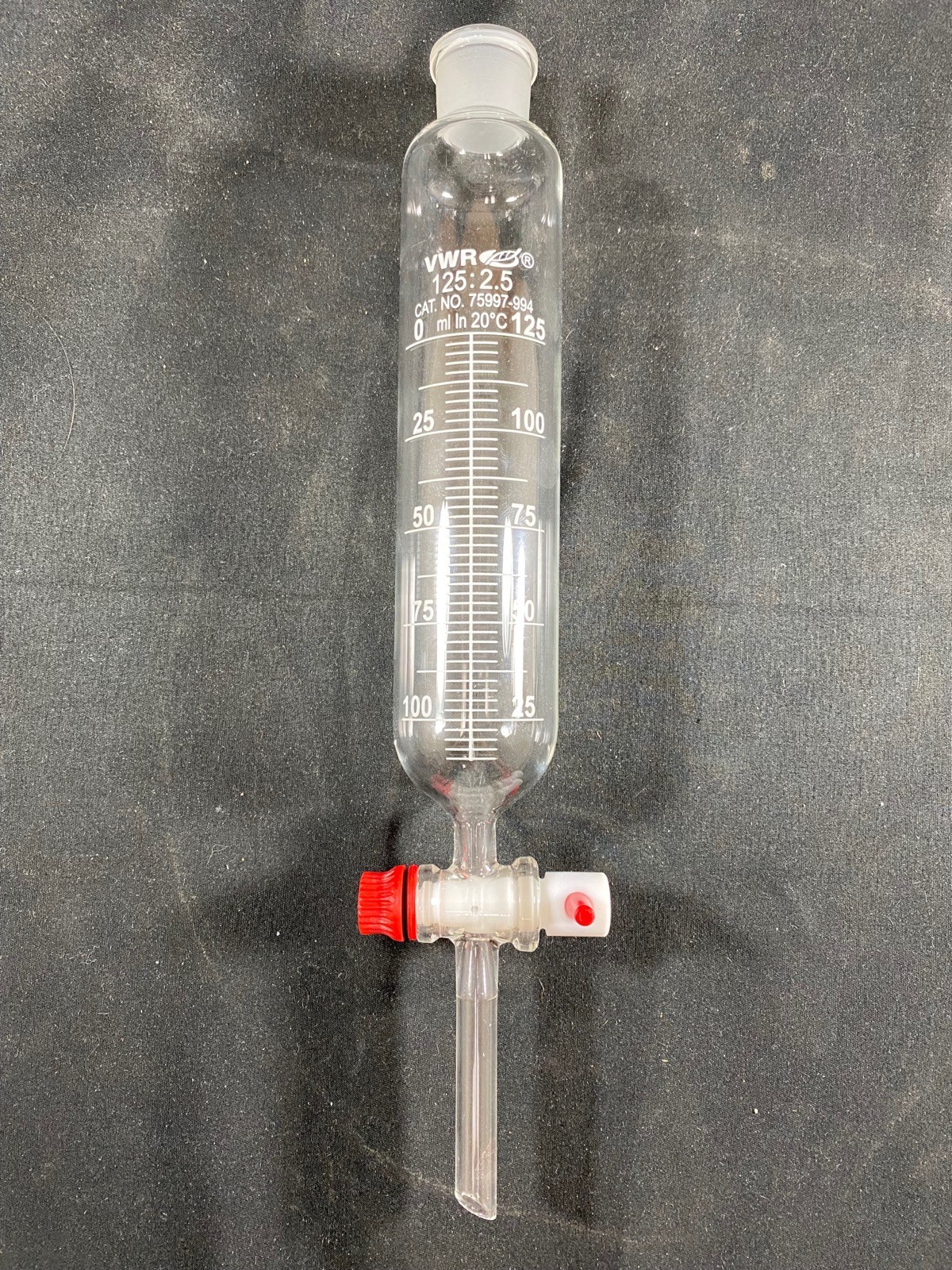 VWR Glass 125mL Class A TC PTFE Stopcock Graduated Addition Dropping Funnel