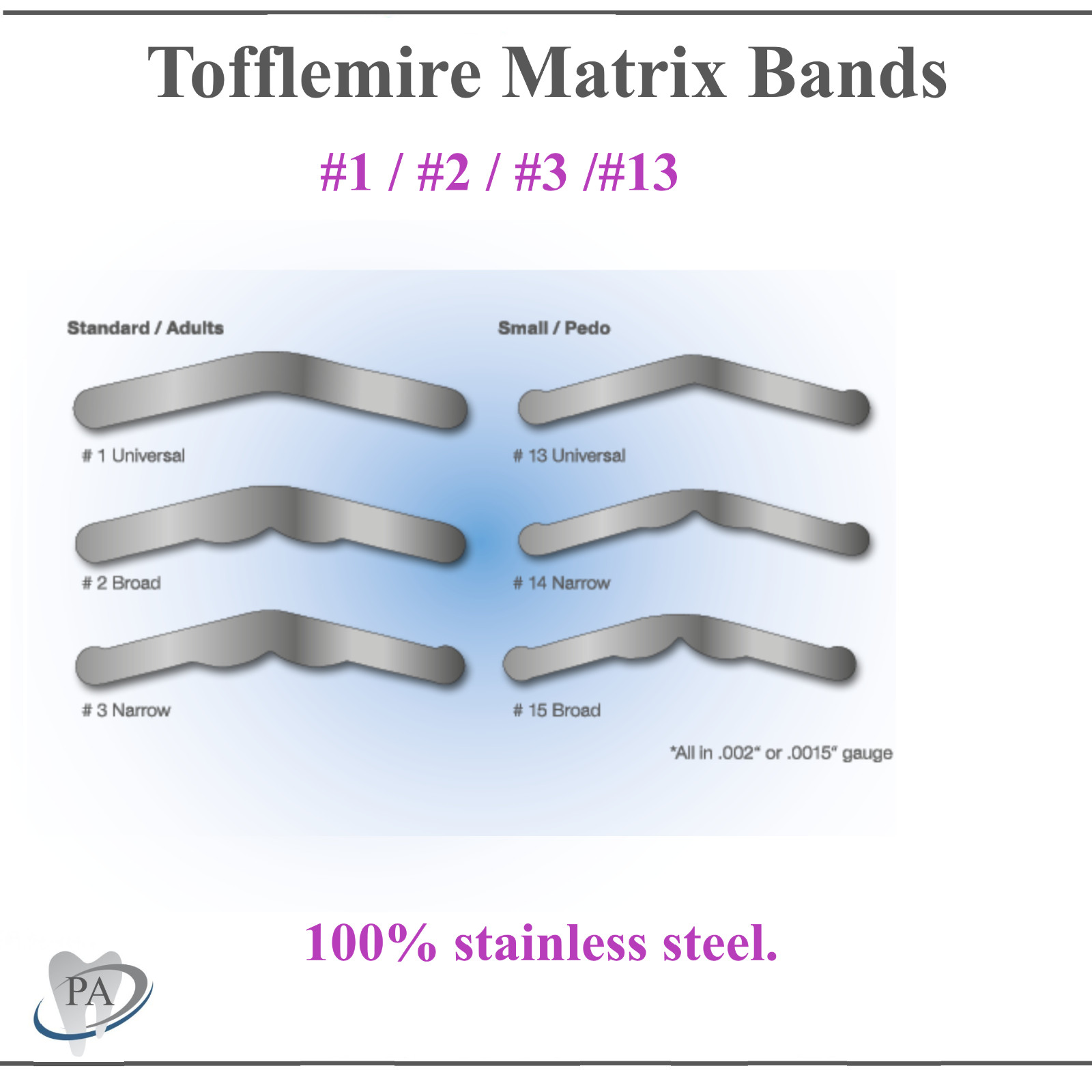 Dental Matrix Bands Tofflemire Type .001″ UltraThin, #1 Universal, Wide, Narrow