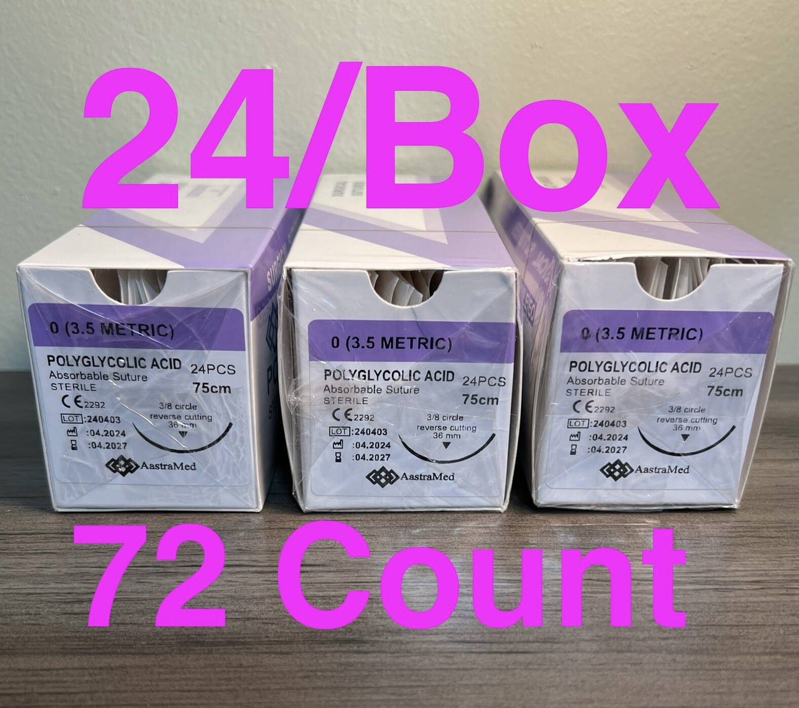 0/0 PGA Suture, 72ct (3 Boxes) Polyglycolic Acid, Veterinary Dental, R-cut 36mm