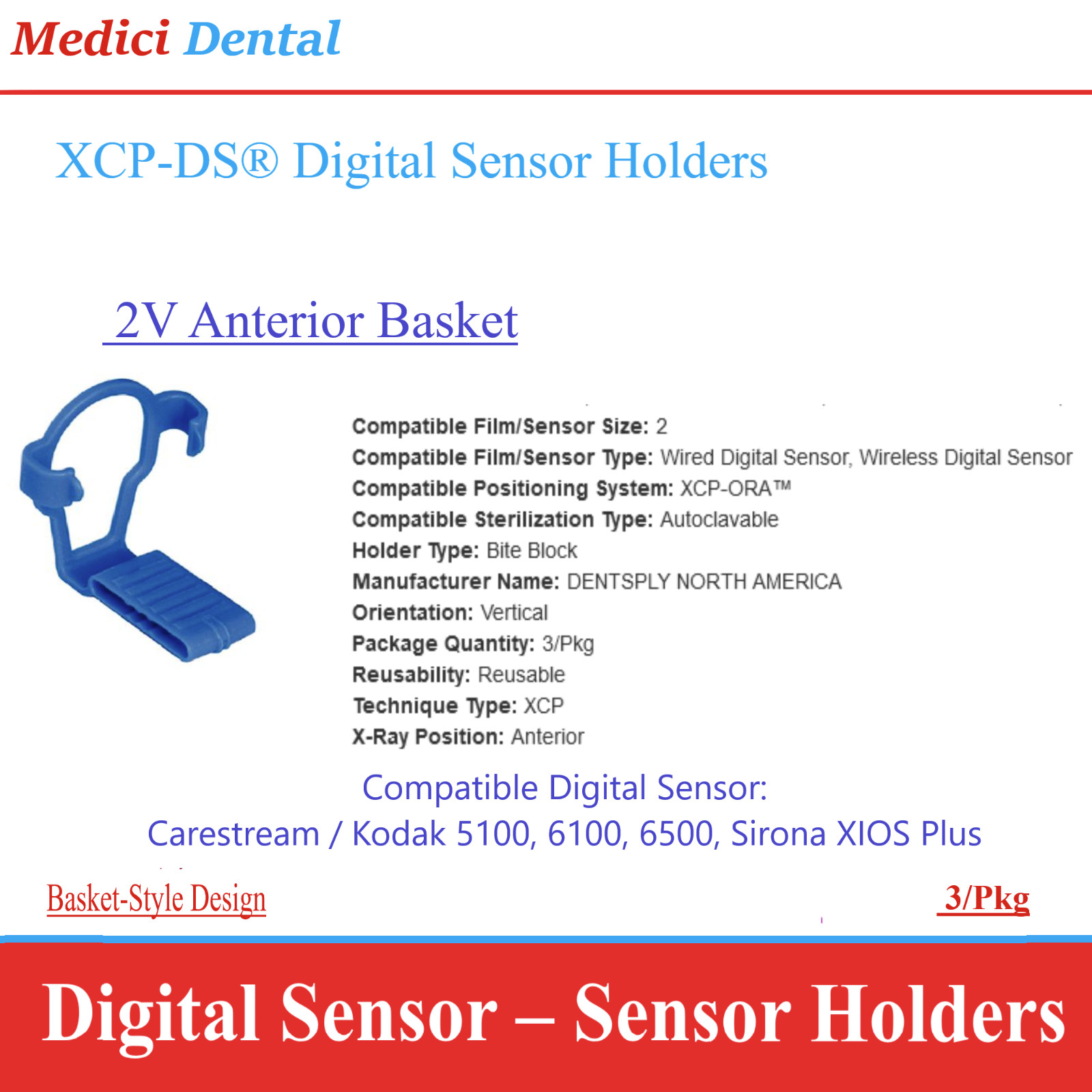 Dental XCP-DS Carestream Digital Sensor Holders Anterior, 2V, Blue, 3/Pk 553014