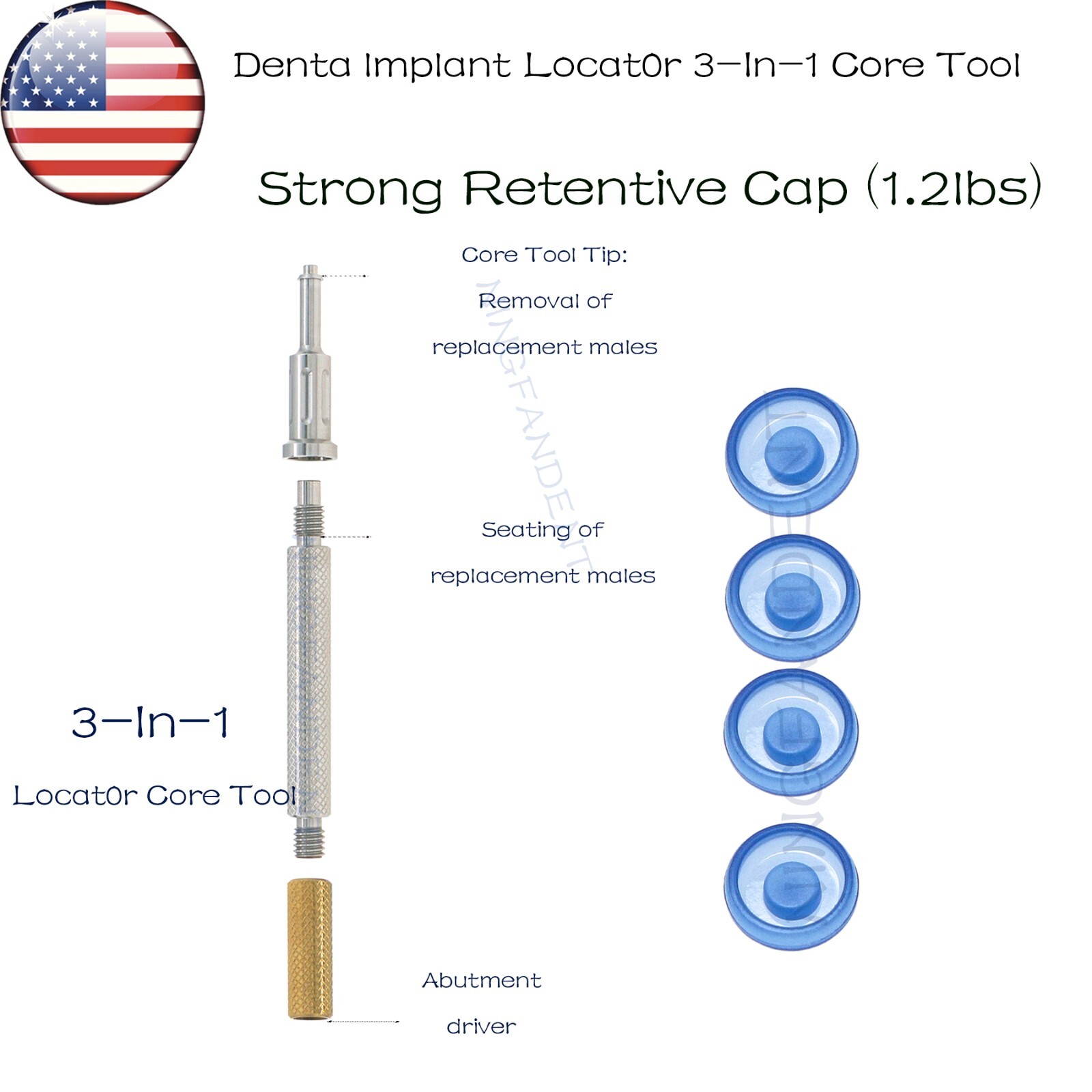 US Dental Locat0r 3-In-1 Core Tool 4Pcs Implant Overdenture Retention Cap,1.2lbs
