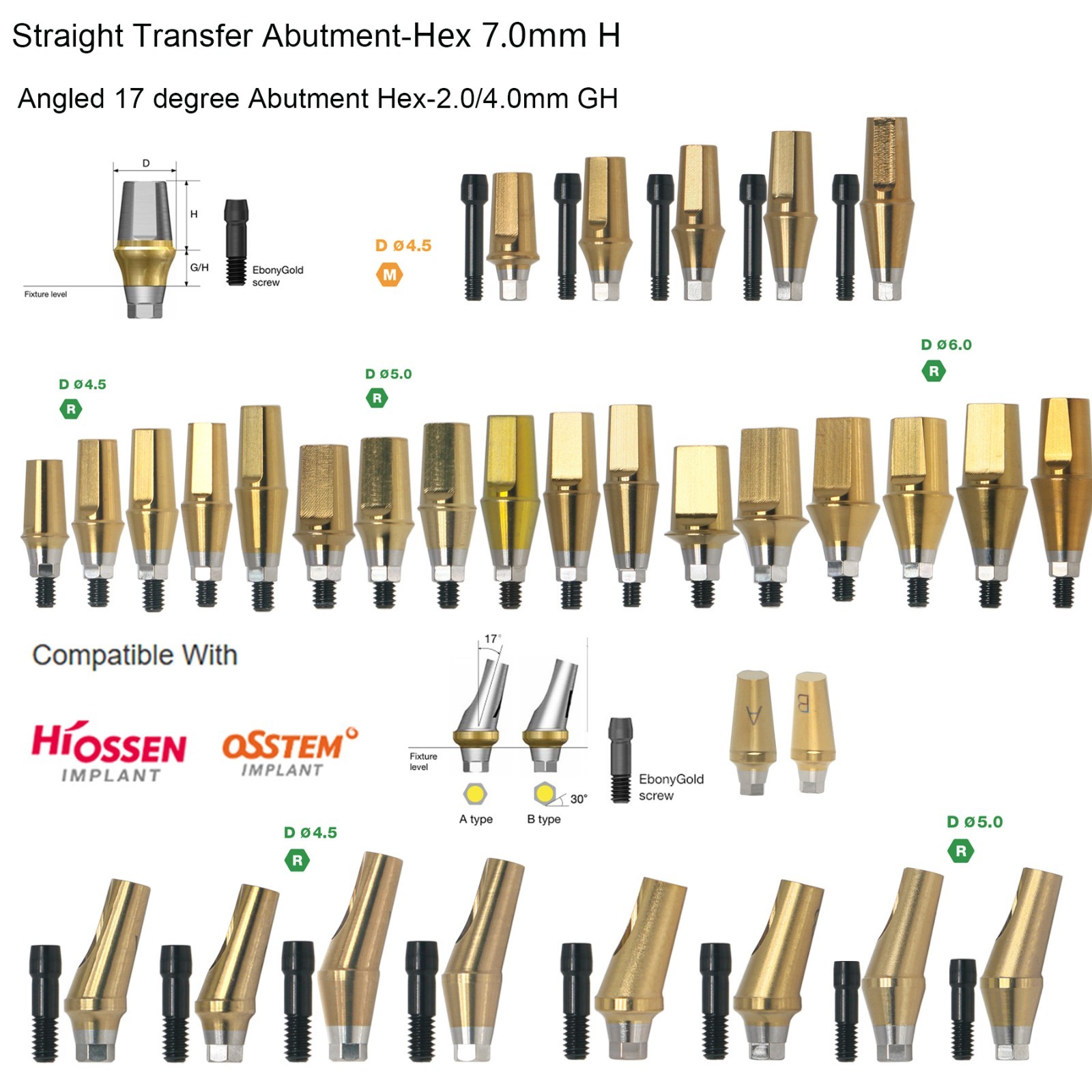 US Dental Titanim Hiossen ET Straight Transfer Abutment Mini/Regualr fit 1-6.0mm