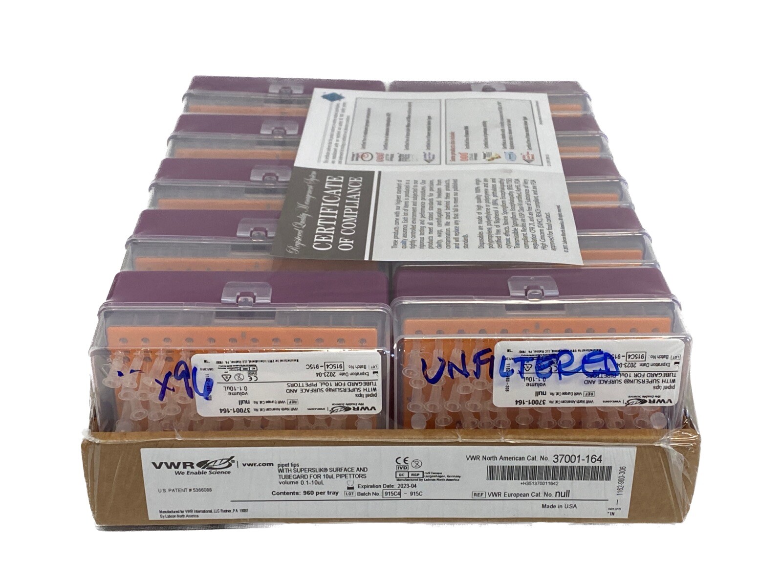 (960) VWR 10uL Low Retention EL Pipet Tips TubeGard SuperSlik Surface 37001-164