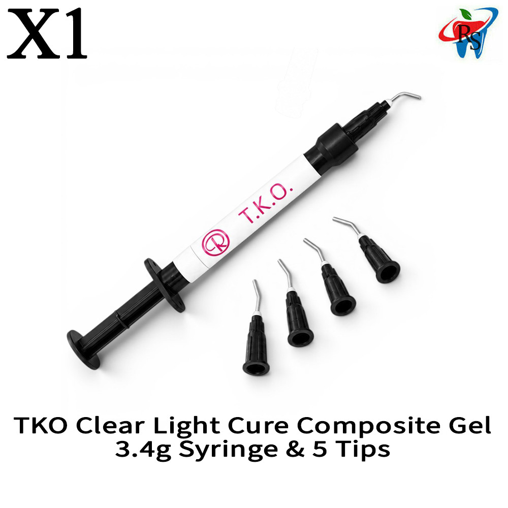 1x Dental Reliance TKO Clear Light Cure Composite Gel 3.4g Syringe with 5 Tips