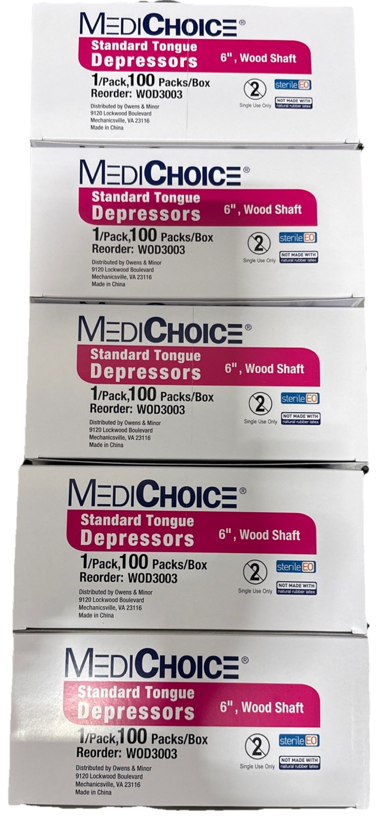 Lot of 5 MediChoice WOD3003 Sterile 6” Wood Tongue Depressors 500 Sterile