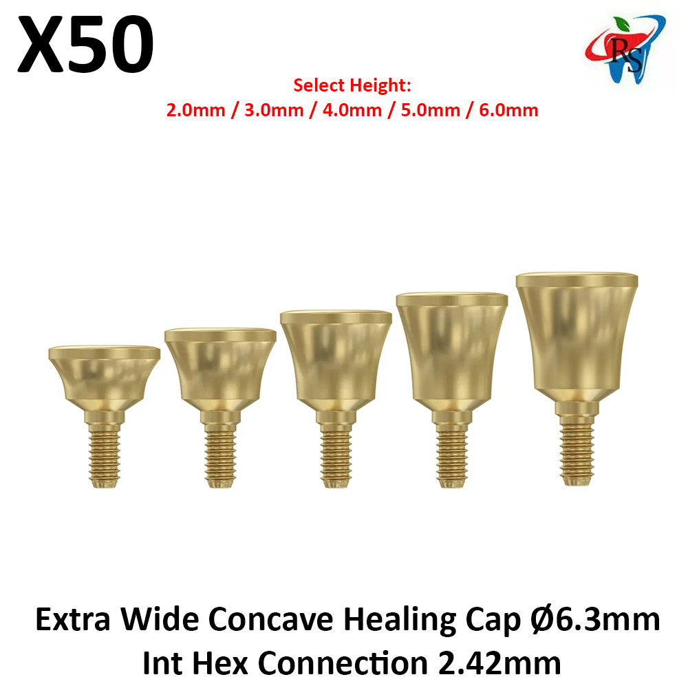 50x Dental Prosthetic Extra Wide Concave Healing Cap Ø6.3 Int Hex 2.42 Titanium