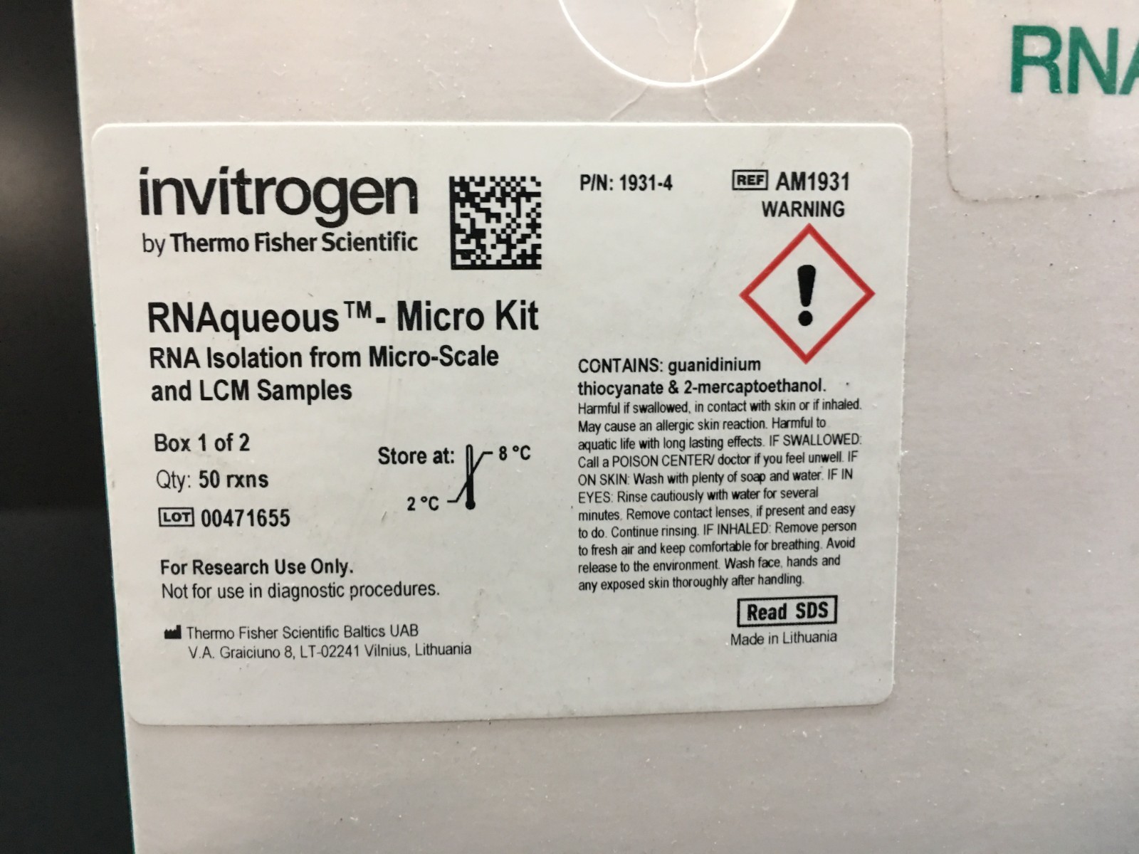 Invitrogen REF AM1931 RNAqueous Micro Total RNA Isolation Kit