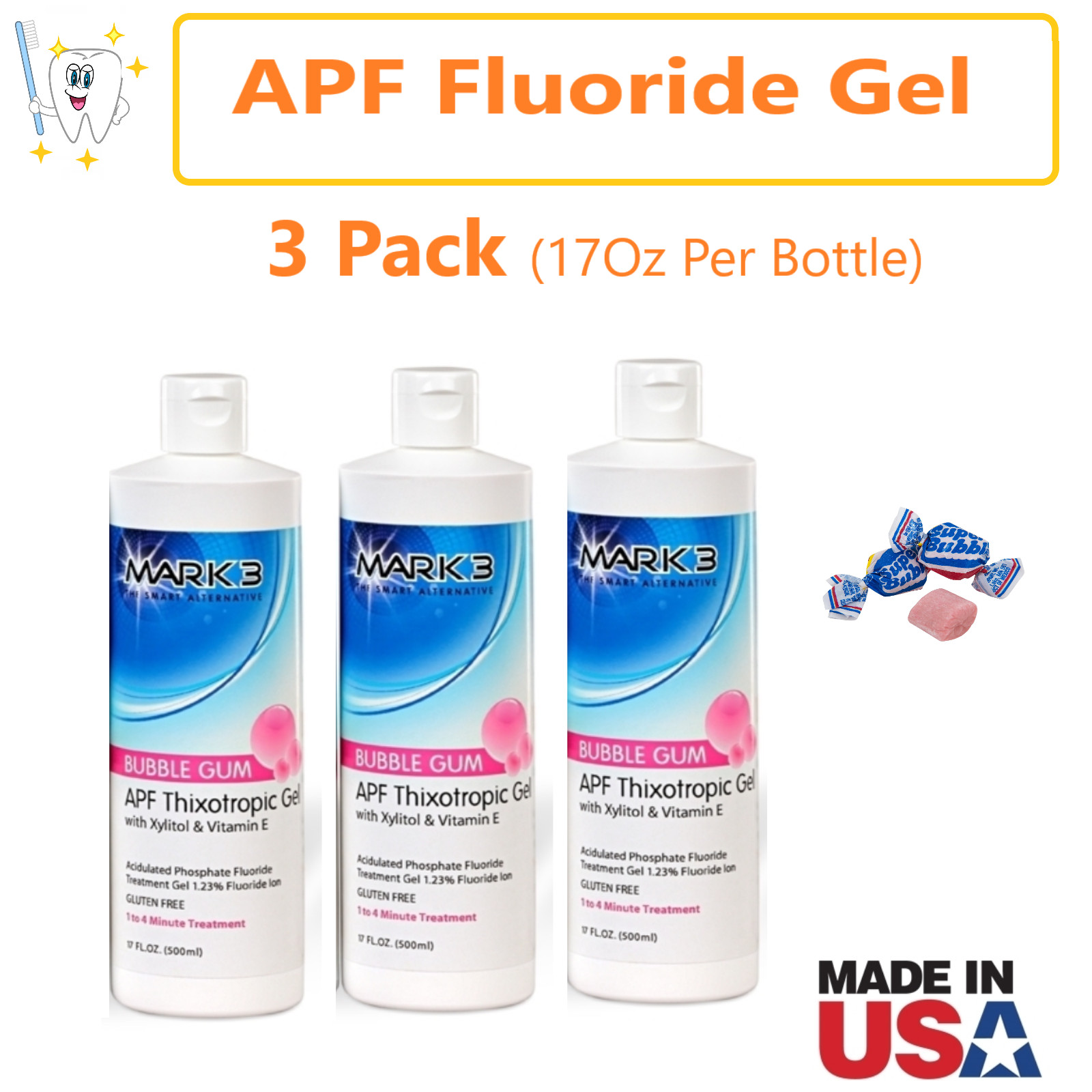 3 Pack Dental APF Fluoride Gel Topical Treatment 17oz per Bottle – BubbleGum