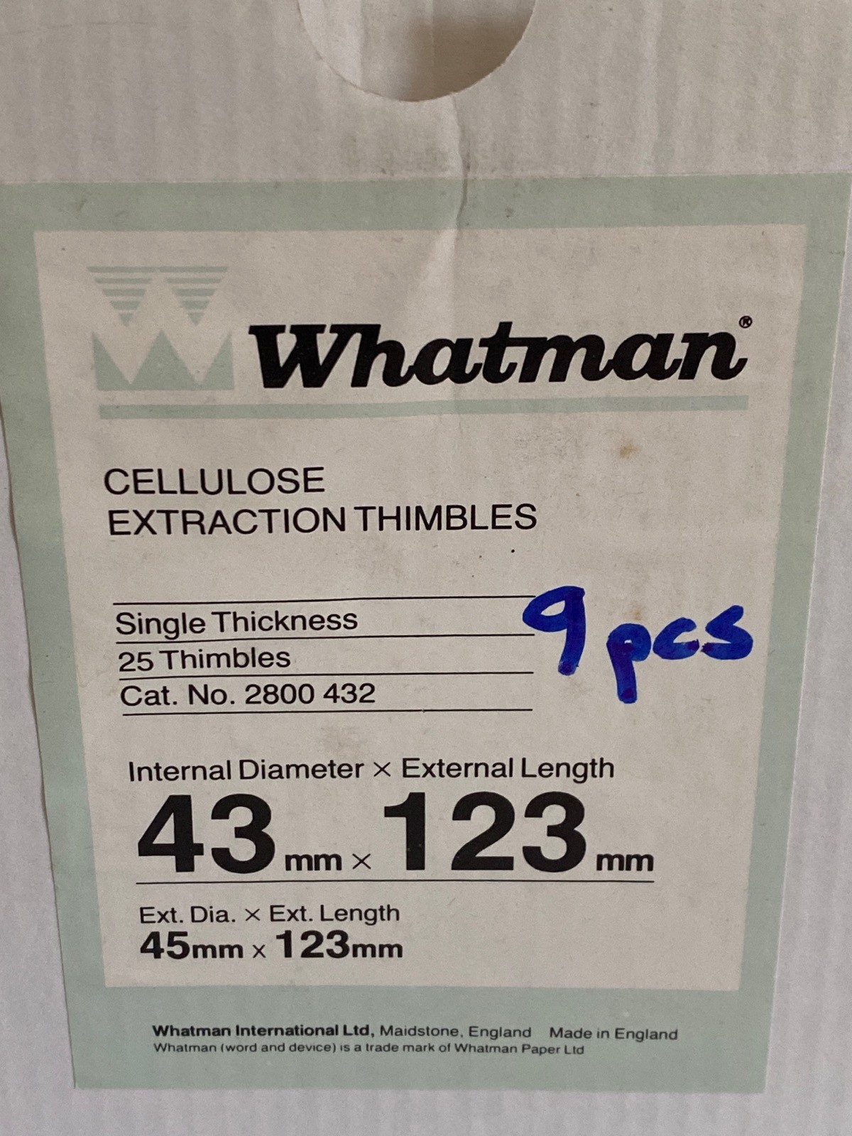 (9) WHATMAN Cellulose Extraction Thimbles Single Thickness 45mm x 123mm 2800-432