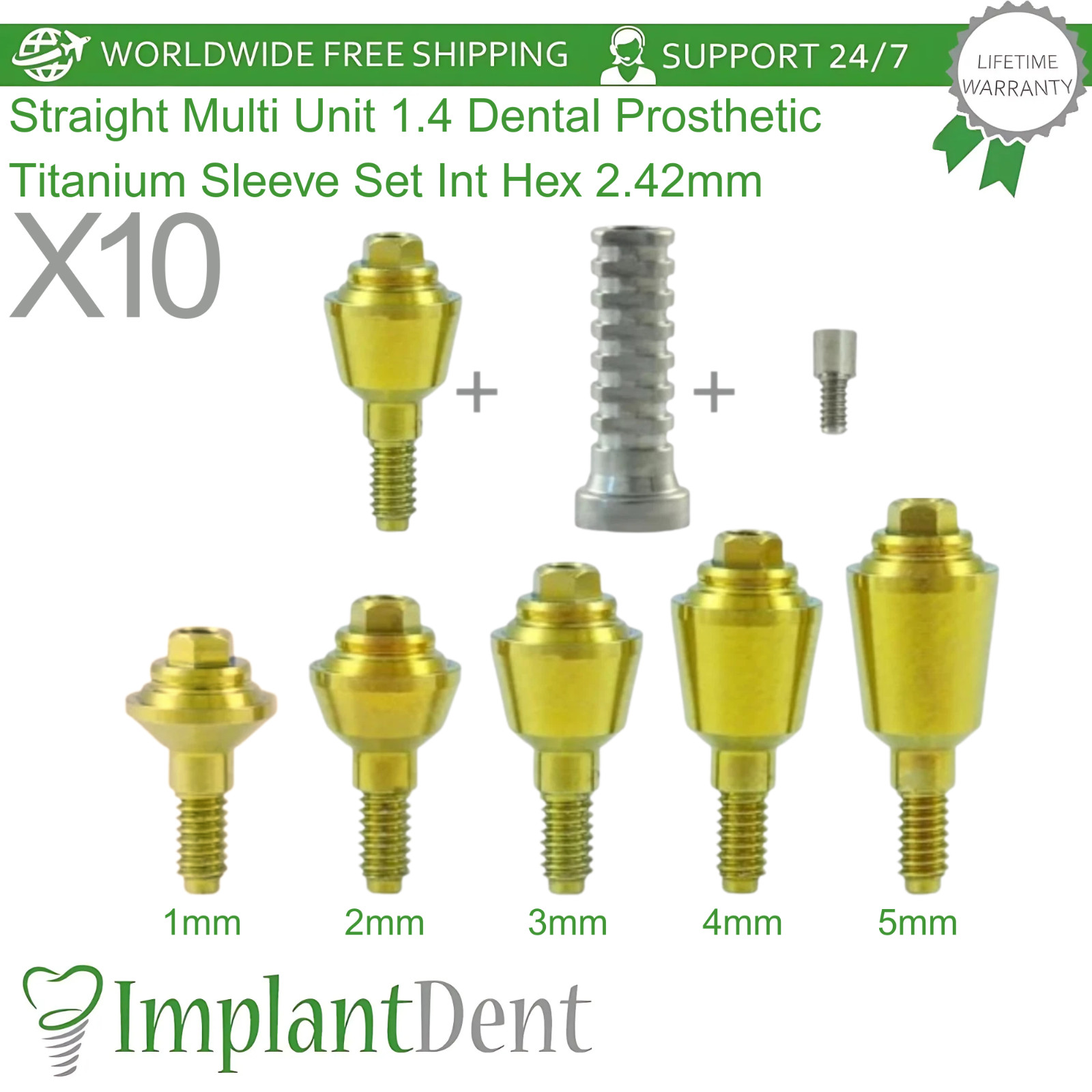 10x Straight Multi Unit 1.4 Dental Prosthetic Titanium Sleeve Set Int Hex 2.42mm