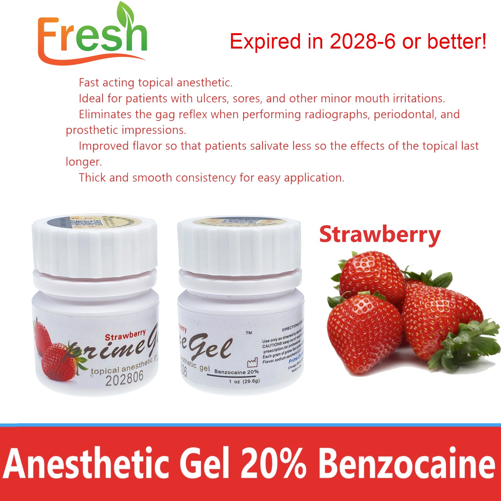 Fresh Dental Topical pain free Gel 20% Benzocaine 1oz Jar , Mint/Strawberry