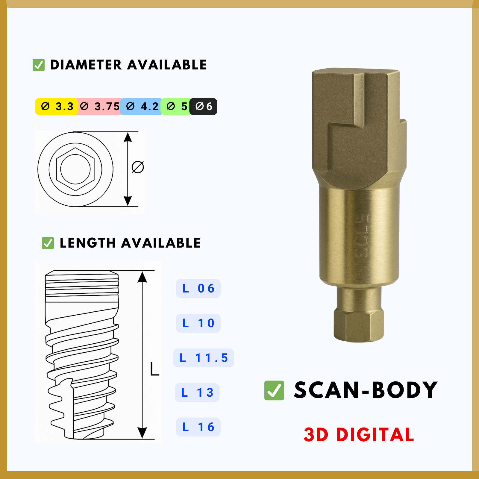 DIGITAL Scanbody + Screw | Internal Hex 2.42 | CAD/CAM Prosthetic Lab Component