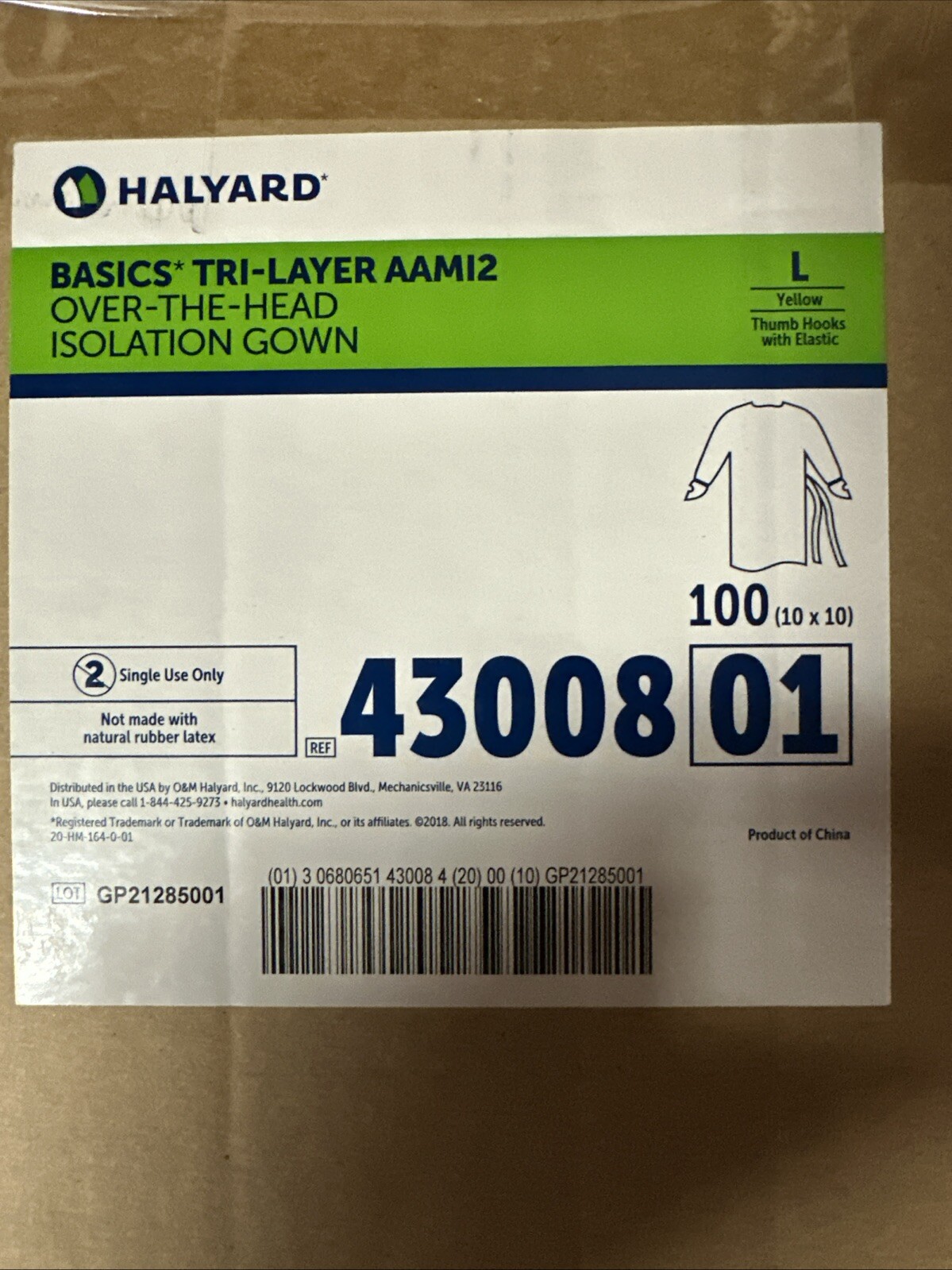 Halyard 43008 Basics Tri Layer Over The Head Isolation Gown AAMI2 Size L Qty 100