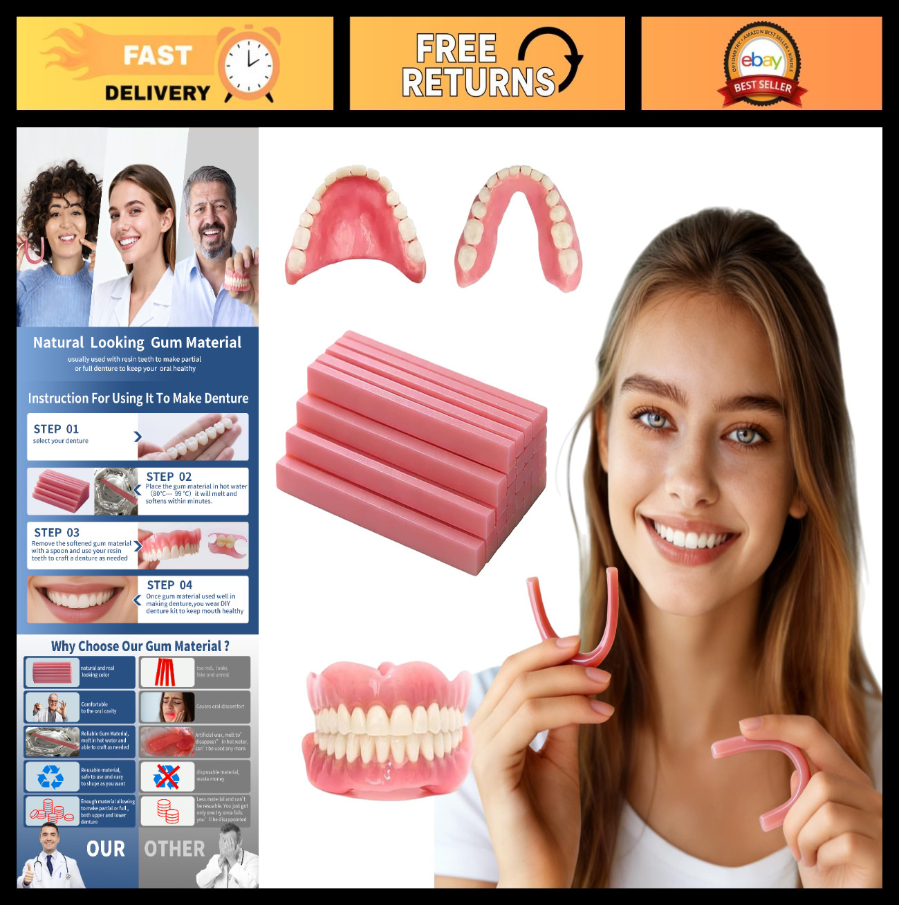 Dental Gum Material for Dentures, Fix Missing Teeth, Repair Broken Teeth, Natura