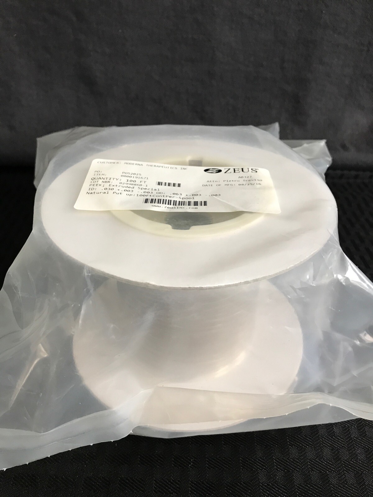 (100 Ft Spool) ZEUS PEEK Extruded Special Tubing 0.063”OD 0.30”ID 0000191671