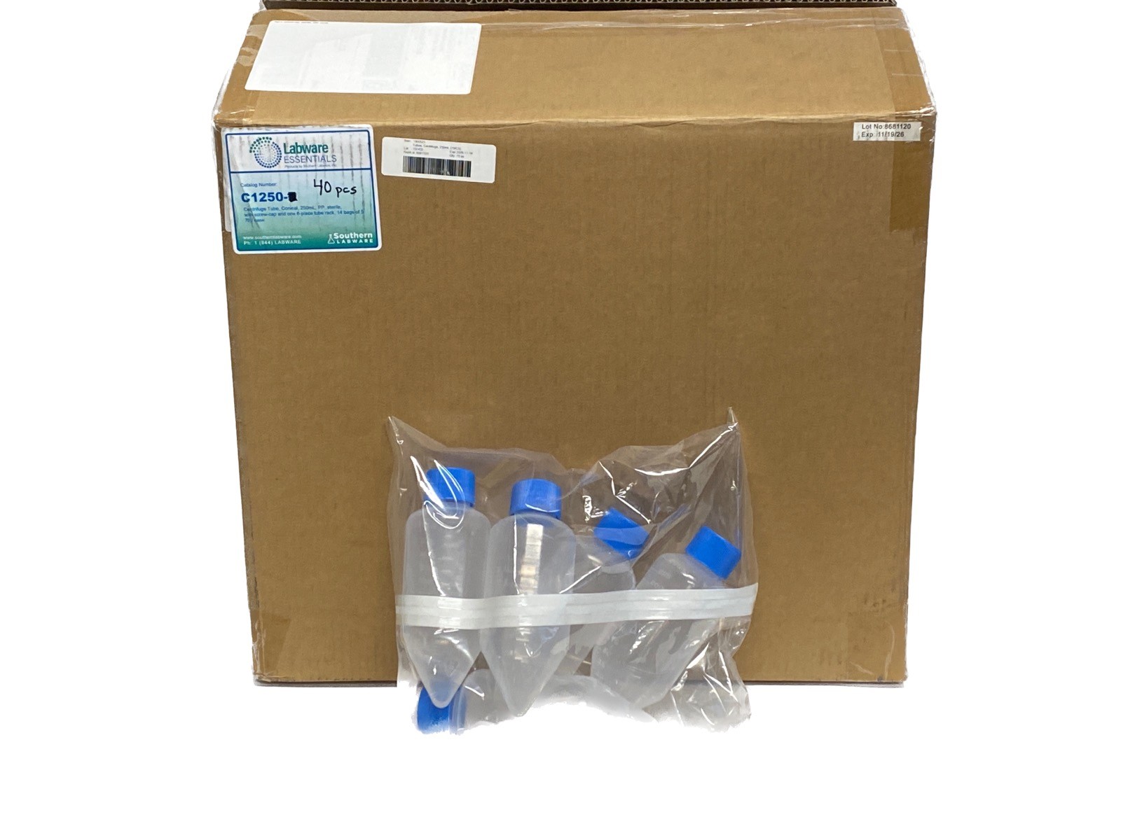 (40) SOUTHERN LABWARE 250mL PP Conical Graduated Centrifuge Tubes w/Cap C-1250