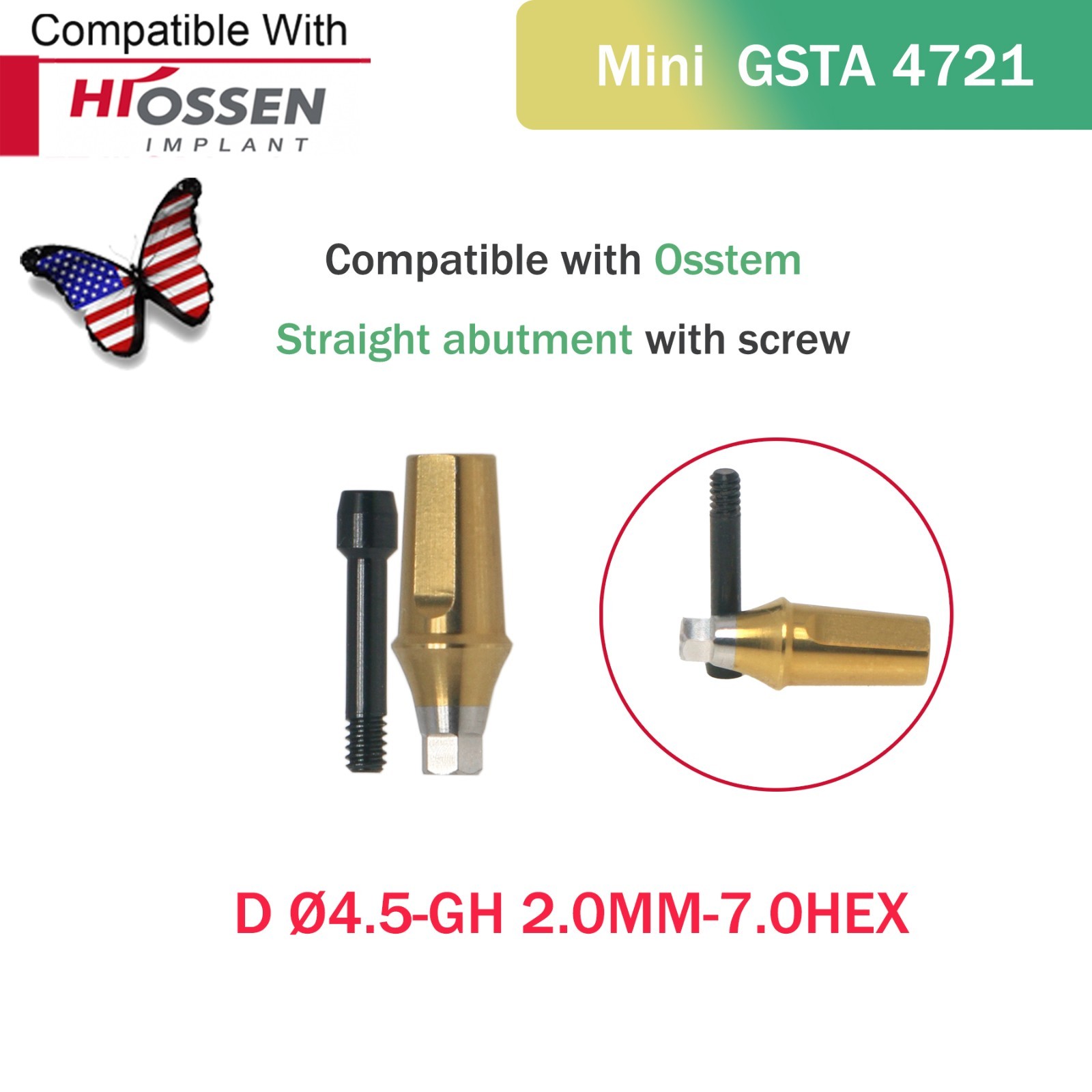 US Dental Mini/Regular Straight Transfer Hex Abutment – Fit Hiossen ET/Osstem TS